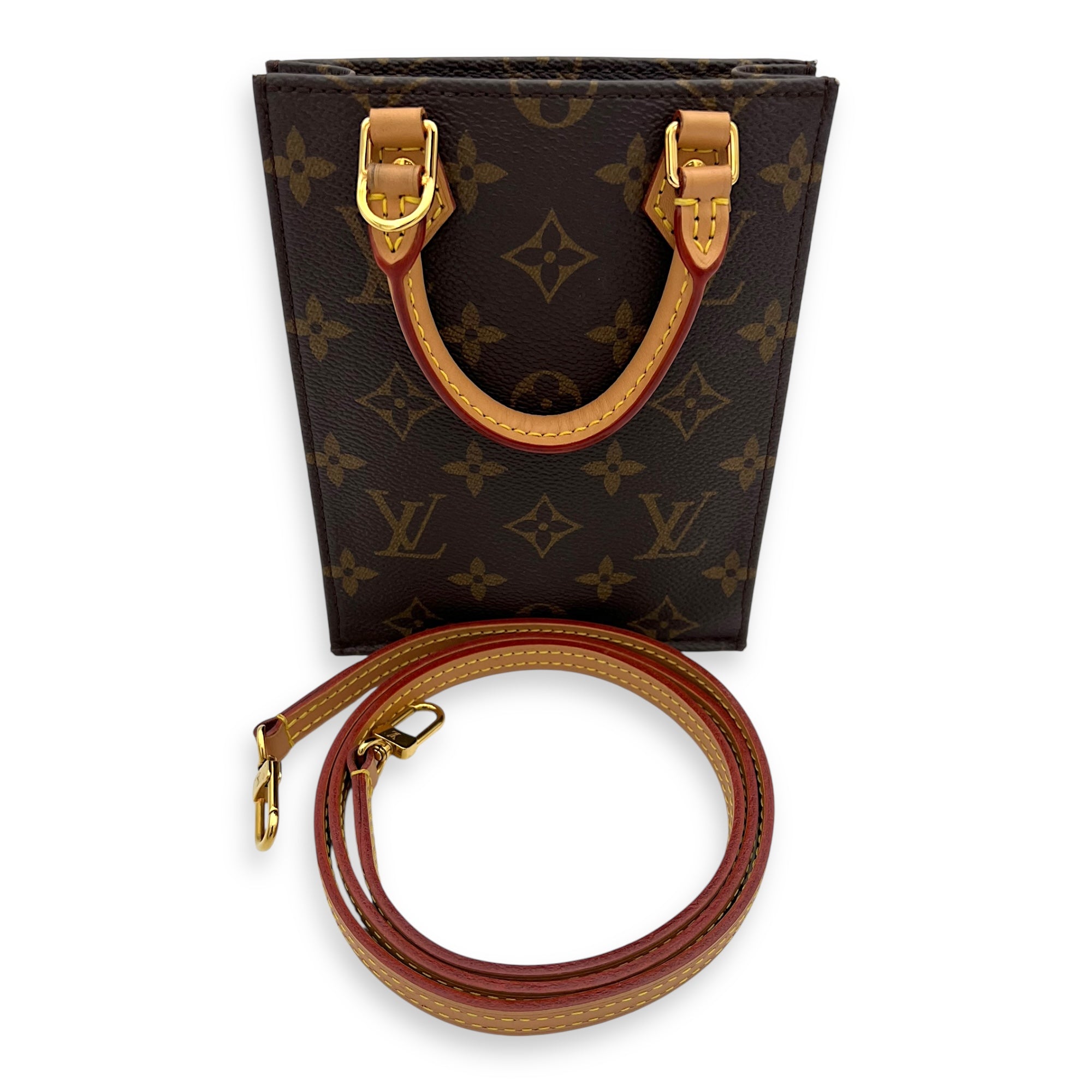 Louis Vuitton Sac Plat Top Handle Bag Petite Brown in Monogram Coated Canvas, Gold hardware_2