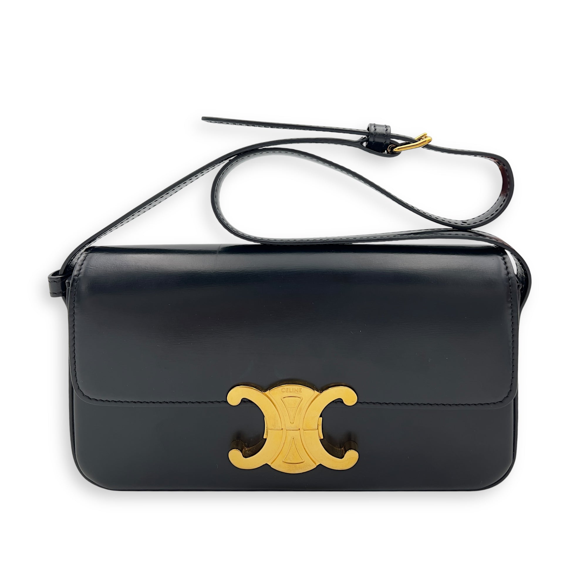 Celine Triomphe Claude Black Shoulder Bag in Calfskin, Gold hardware_11