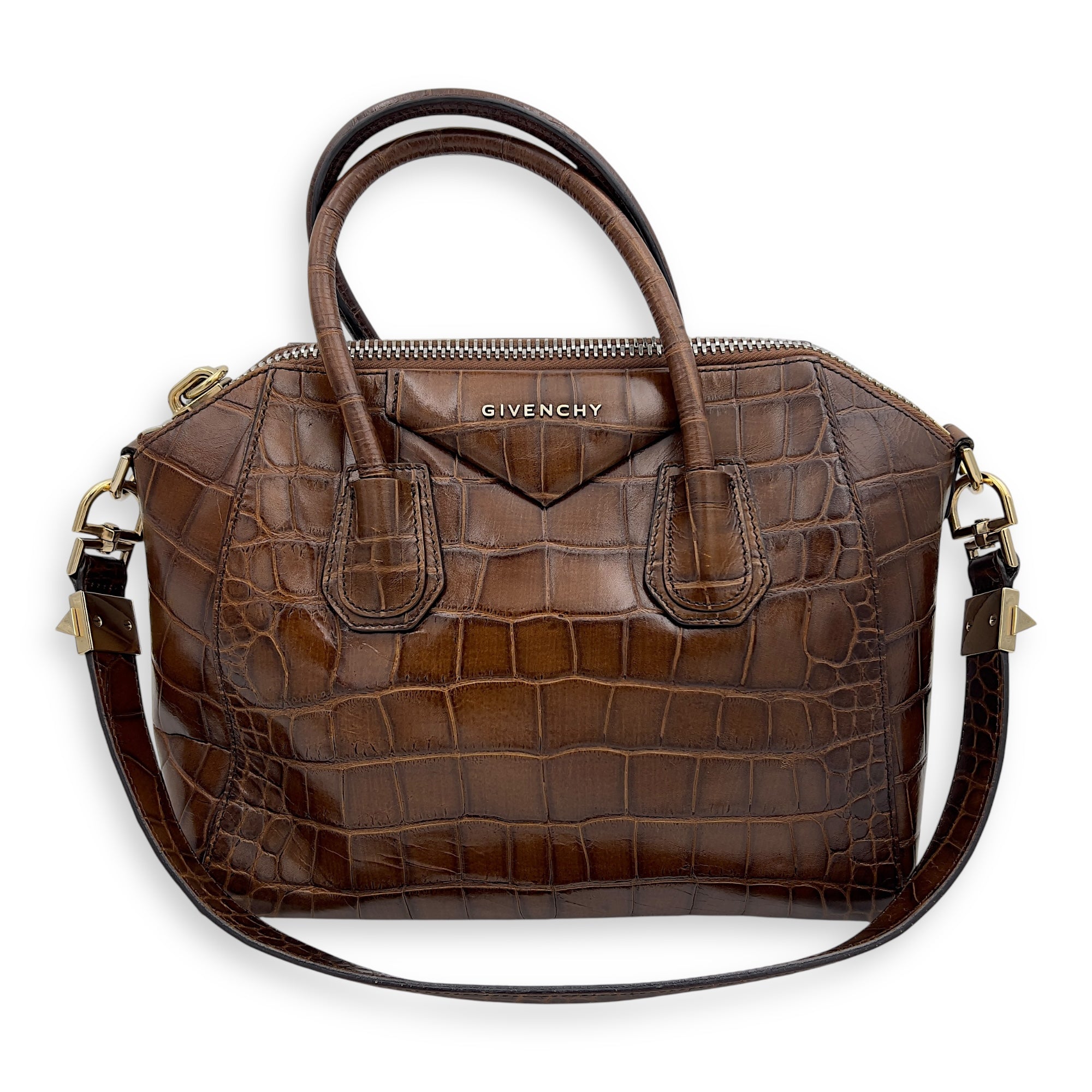 Givenchy Antigona Small Brown Top Handle Bag in Crocodile Embossed Calfskin, Gold hardware_8