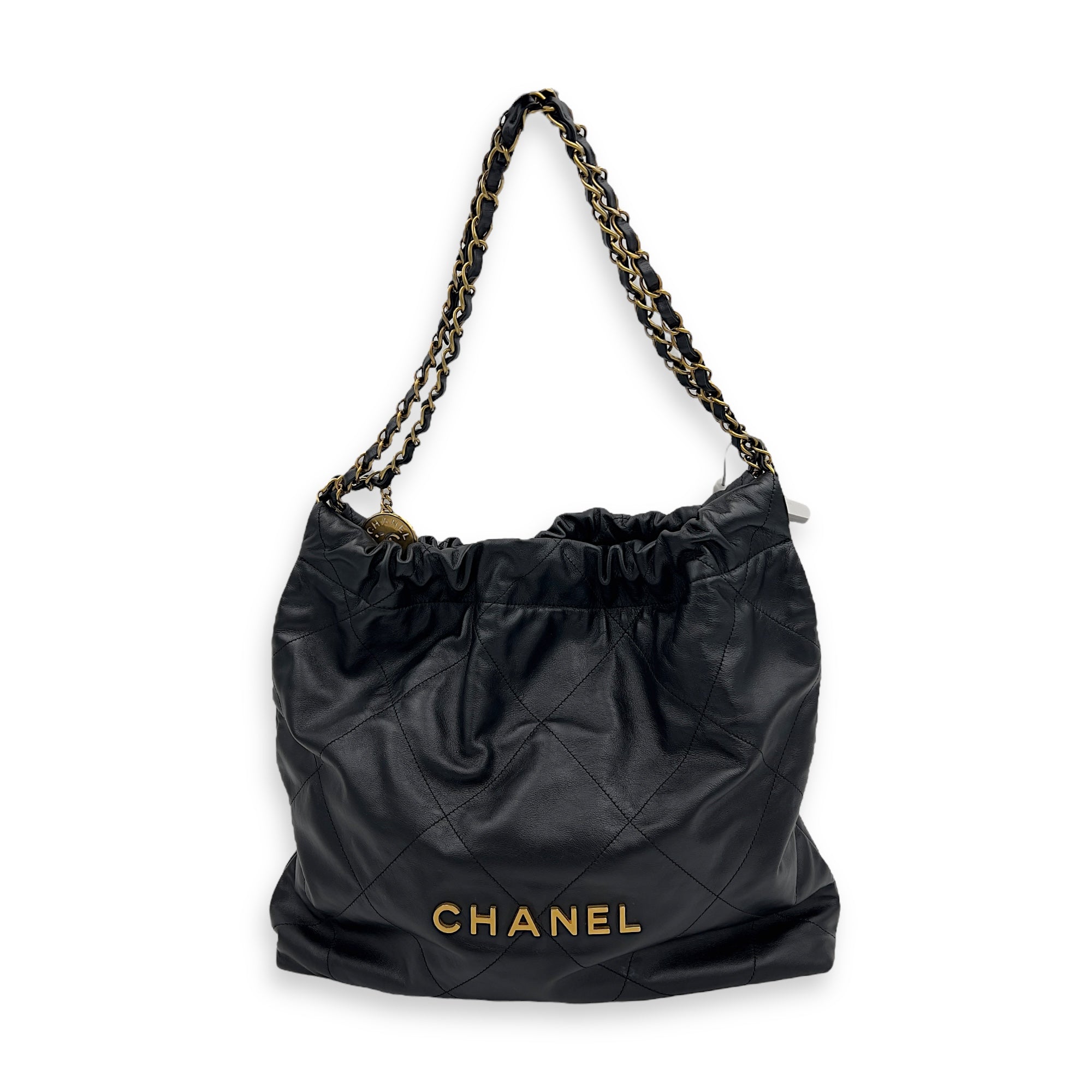 Chanel 22 Tote Shoulder Bag Medium Black in Calfskin, Gold hardware_8