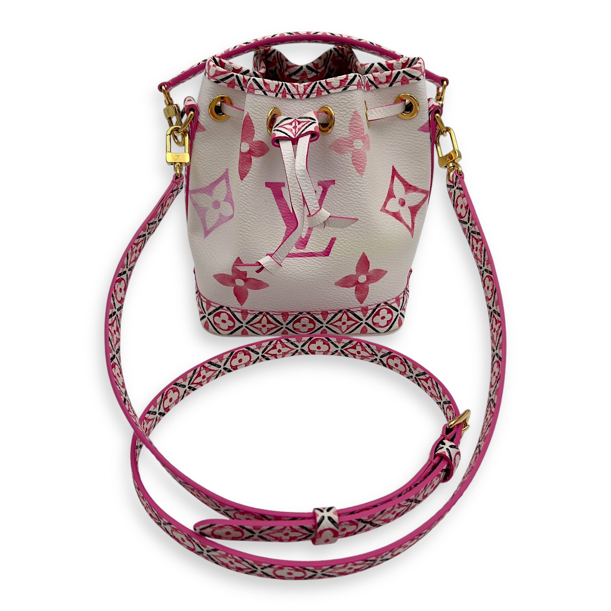 Louis Vuitton By The Pool Noe Nano White Bucket Bag in Coated Canvas, Gold hardware_8