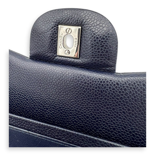 Chanel Classic Jumbo Blue Shoulder Bag in Caviar Leather, Silver hardware_4