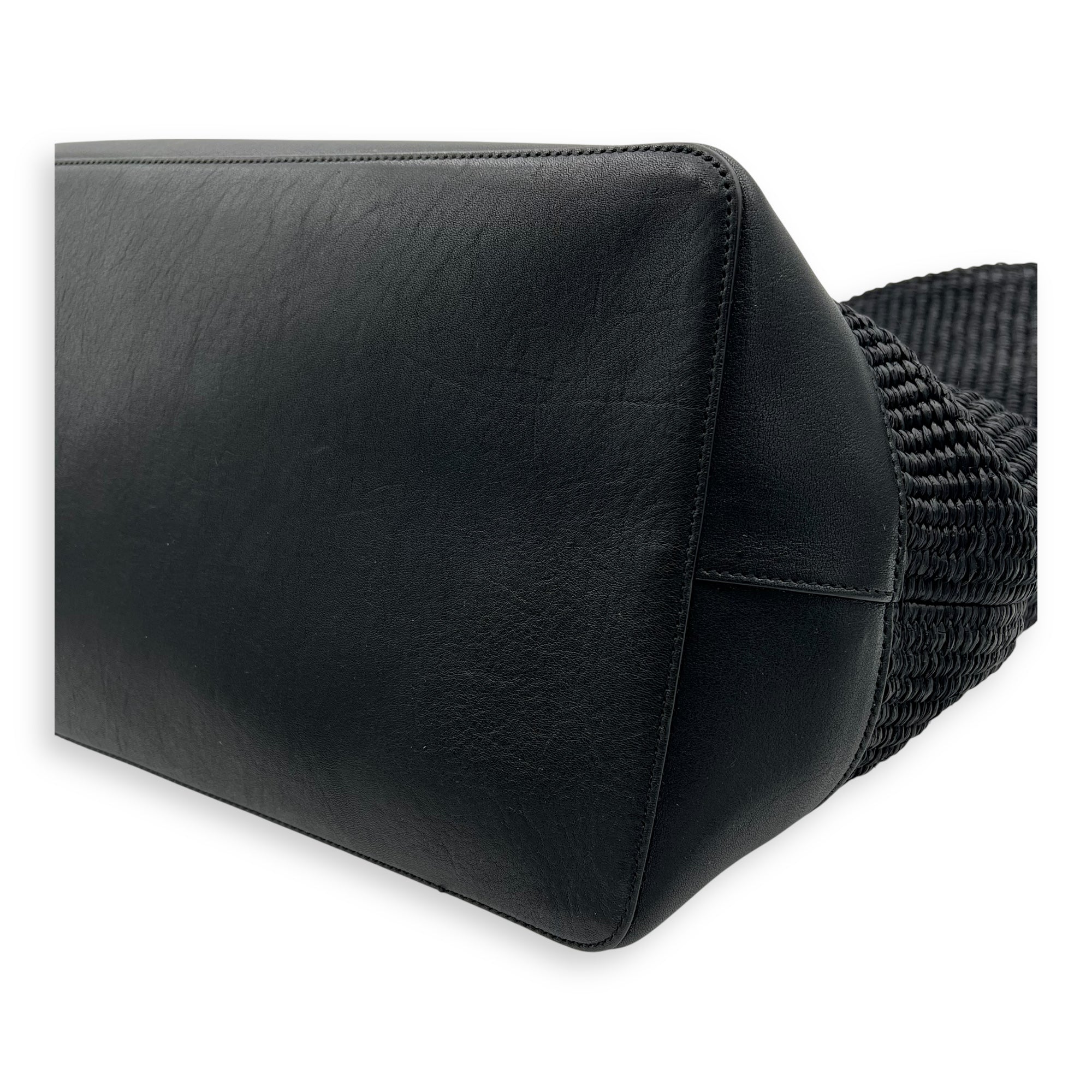 Saint Laurent Rive Gauche Tote Bag Black in Raffia, Silver hardware_9