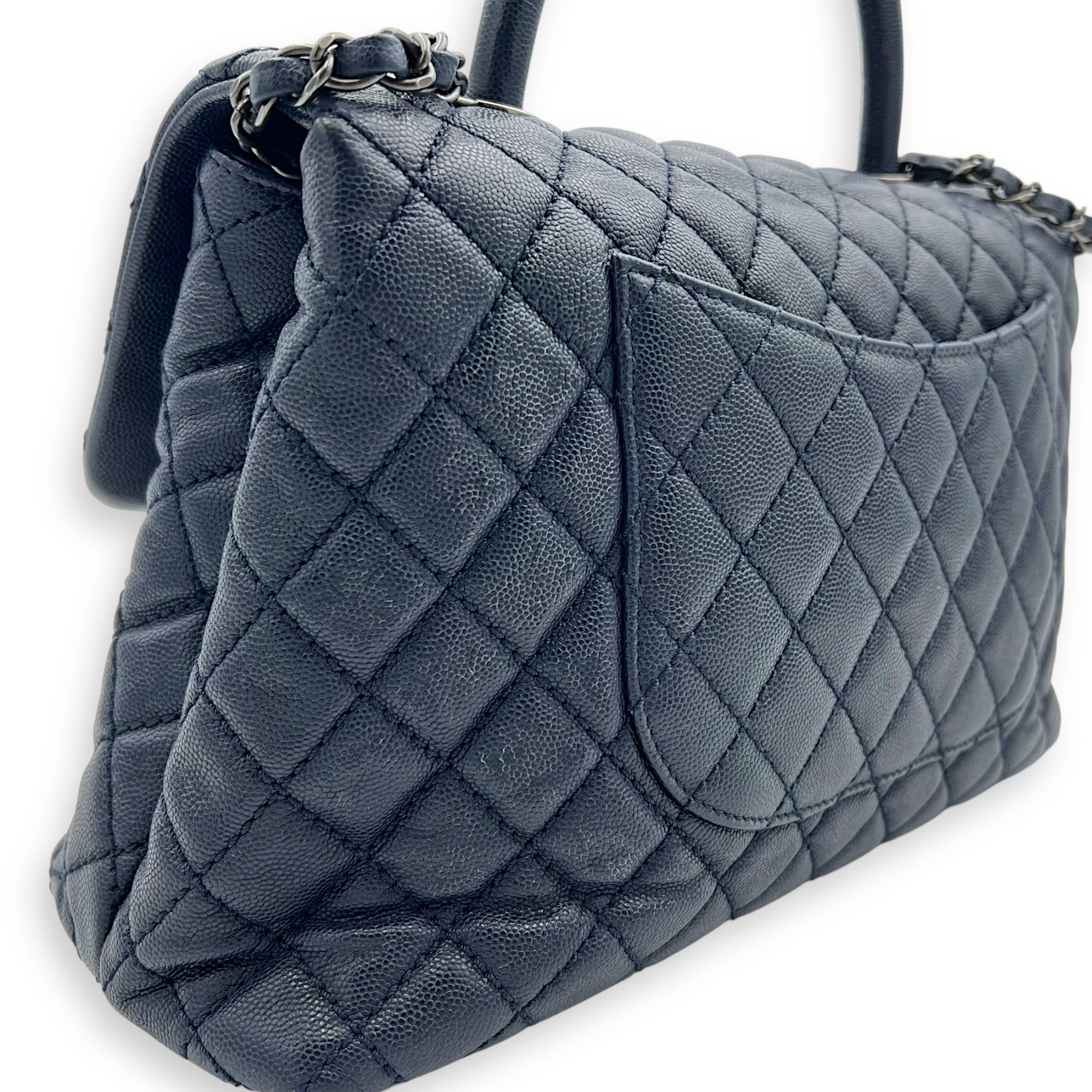 Chanel Coco Handle Quilted Top Handle Bag Blue in Caviar Leather, Silver hardware_10