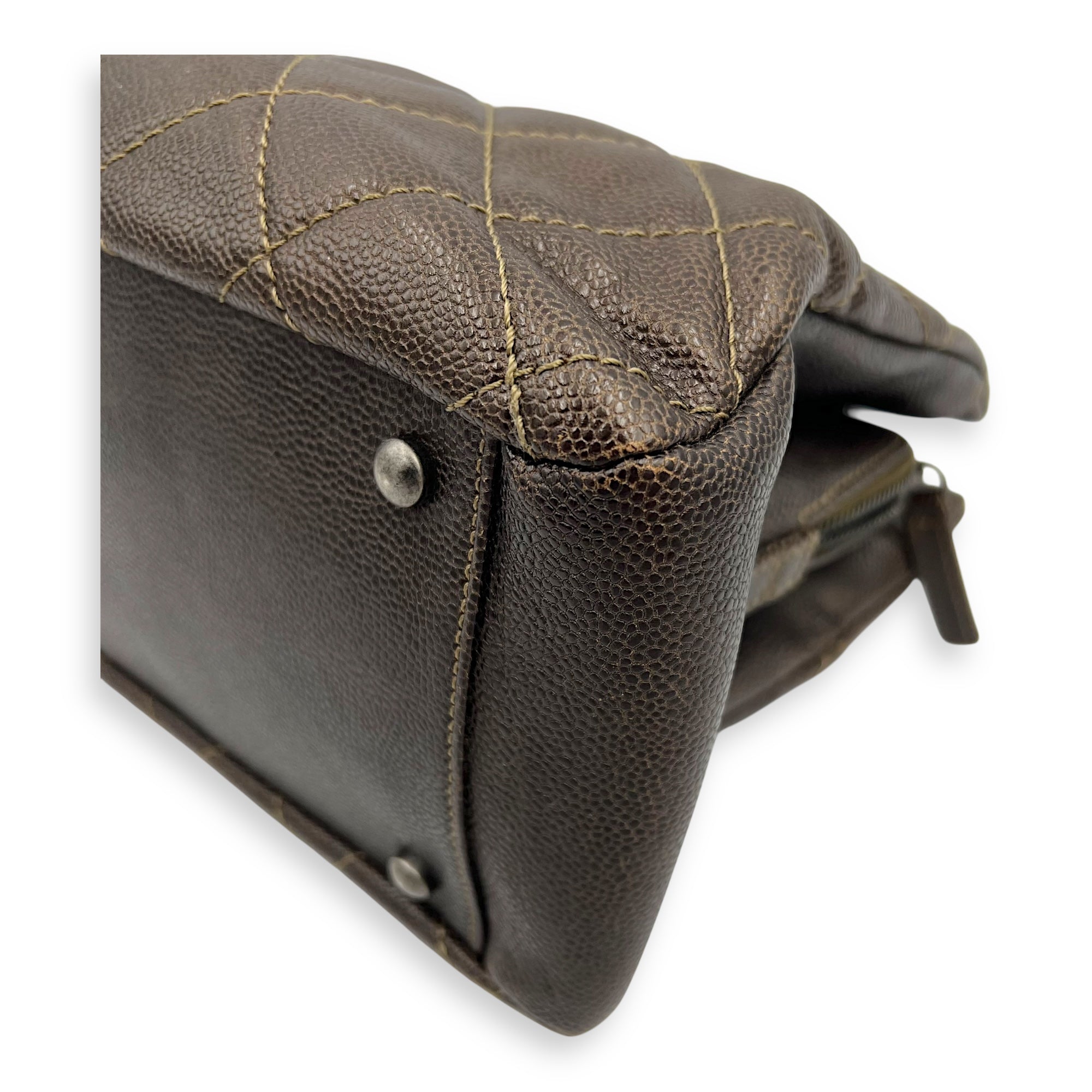 Chanel Quilted Wildstitch Tote Bag Brown in Caviar Leather, Silver hardware_10