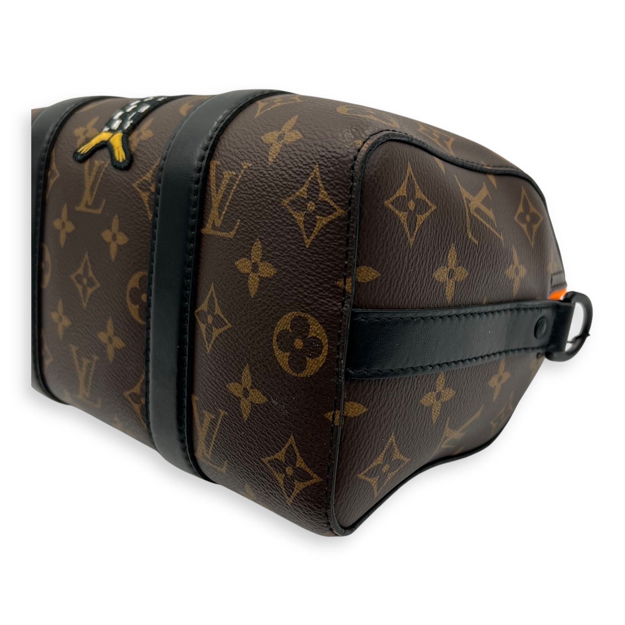 Louis Vuitton Keepall Virgil Abloh Top Handle Bag Brown in Monogram Coated Canvas, Gold hardware_9