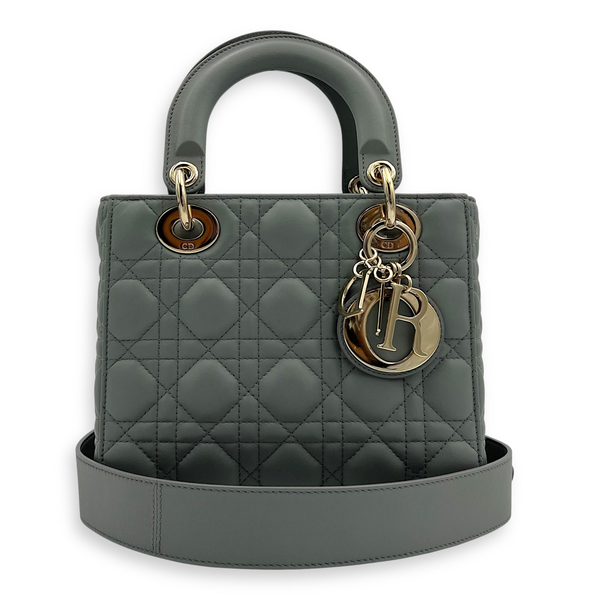 Dior Lady Dior Top Handle Bag Small Green in Lambskin, Gold hardware_10