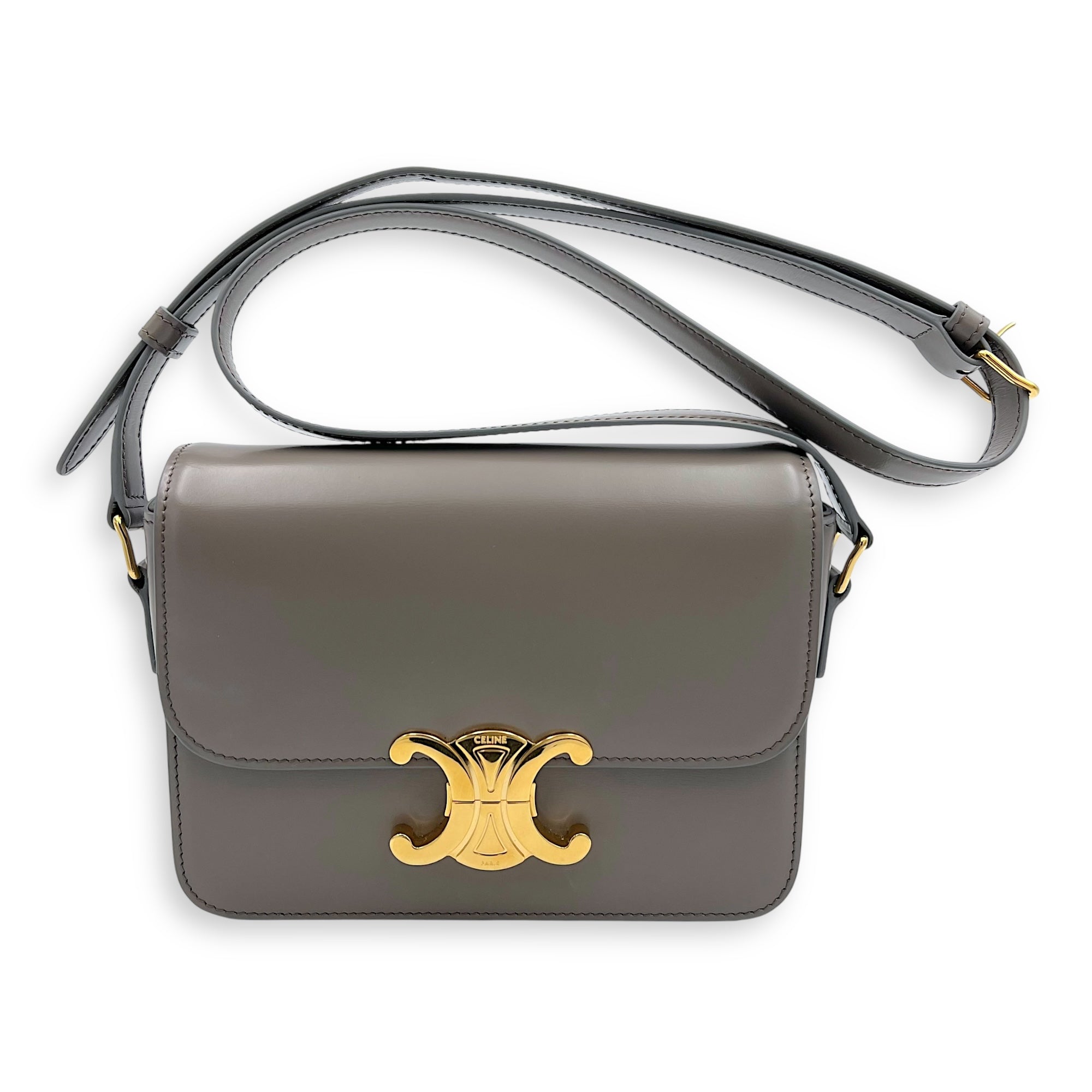 Celine Triomphe Crossbody Bag teen Grey in Calfskin, Gold hardware_8