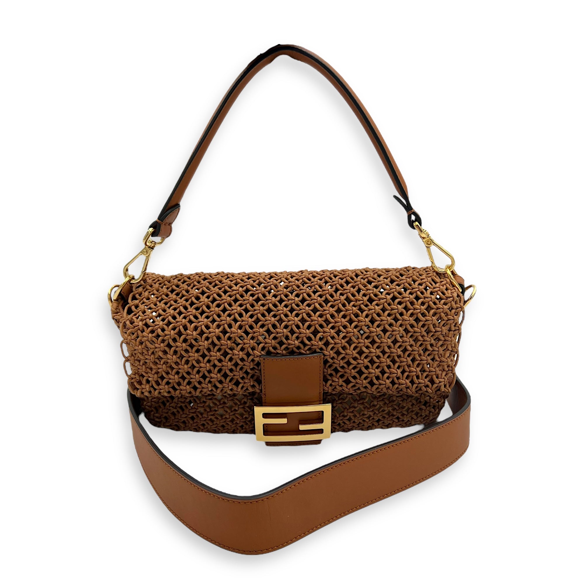 Fendi Baguette Shoulder Bag Brown in Braided leather, Gold hardware_8