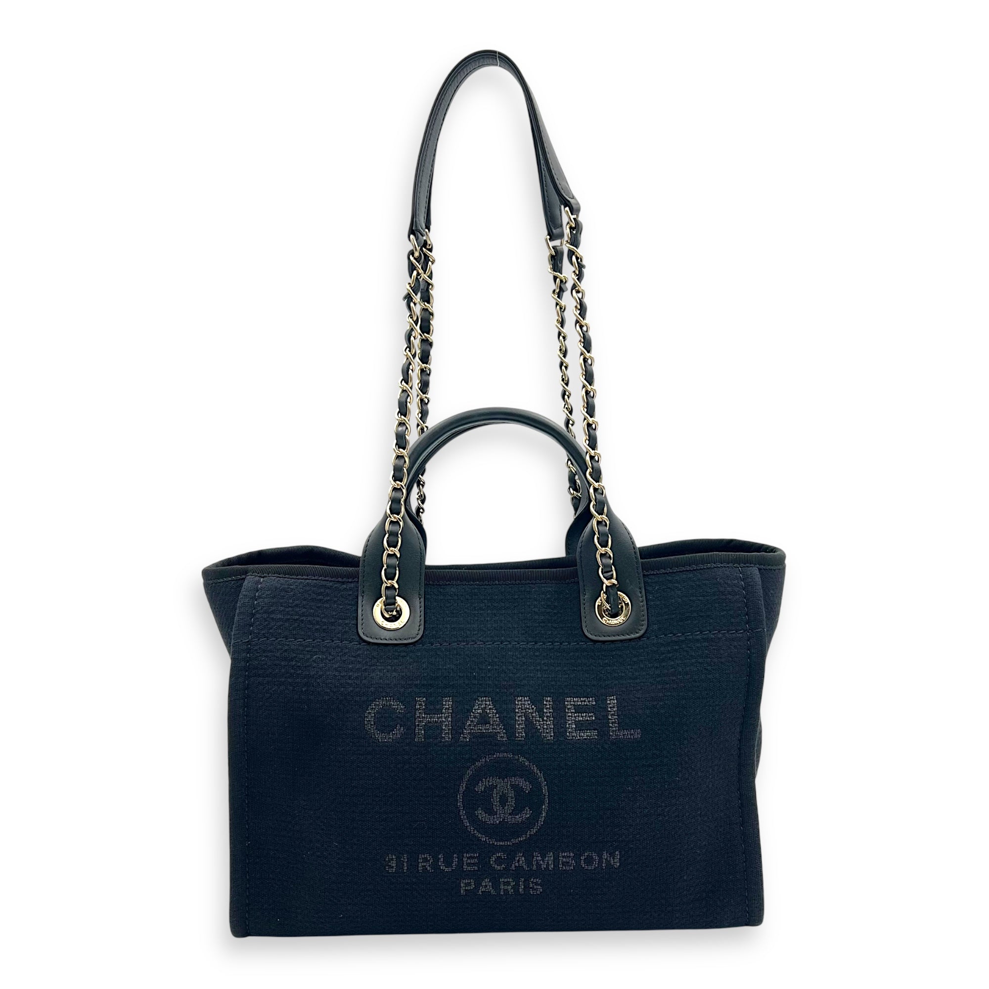 Chanel Deauville Tote Bag Black in Canvas, Gold hardware_1