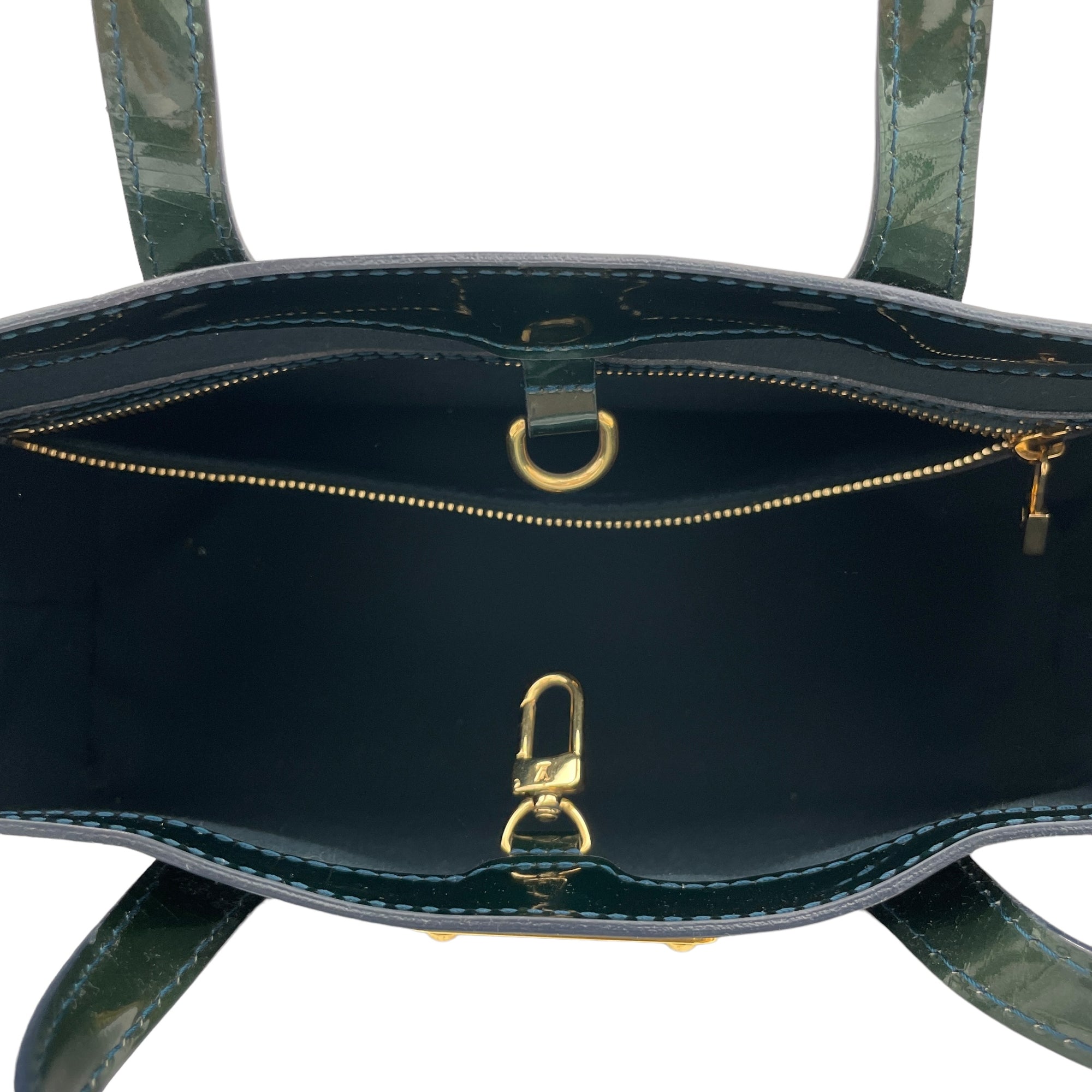 Wilshire PM Green Top Handle Bag in Patent Leather, Gold hardware