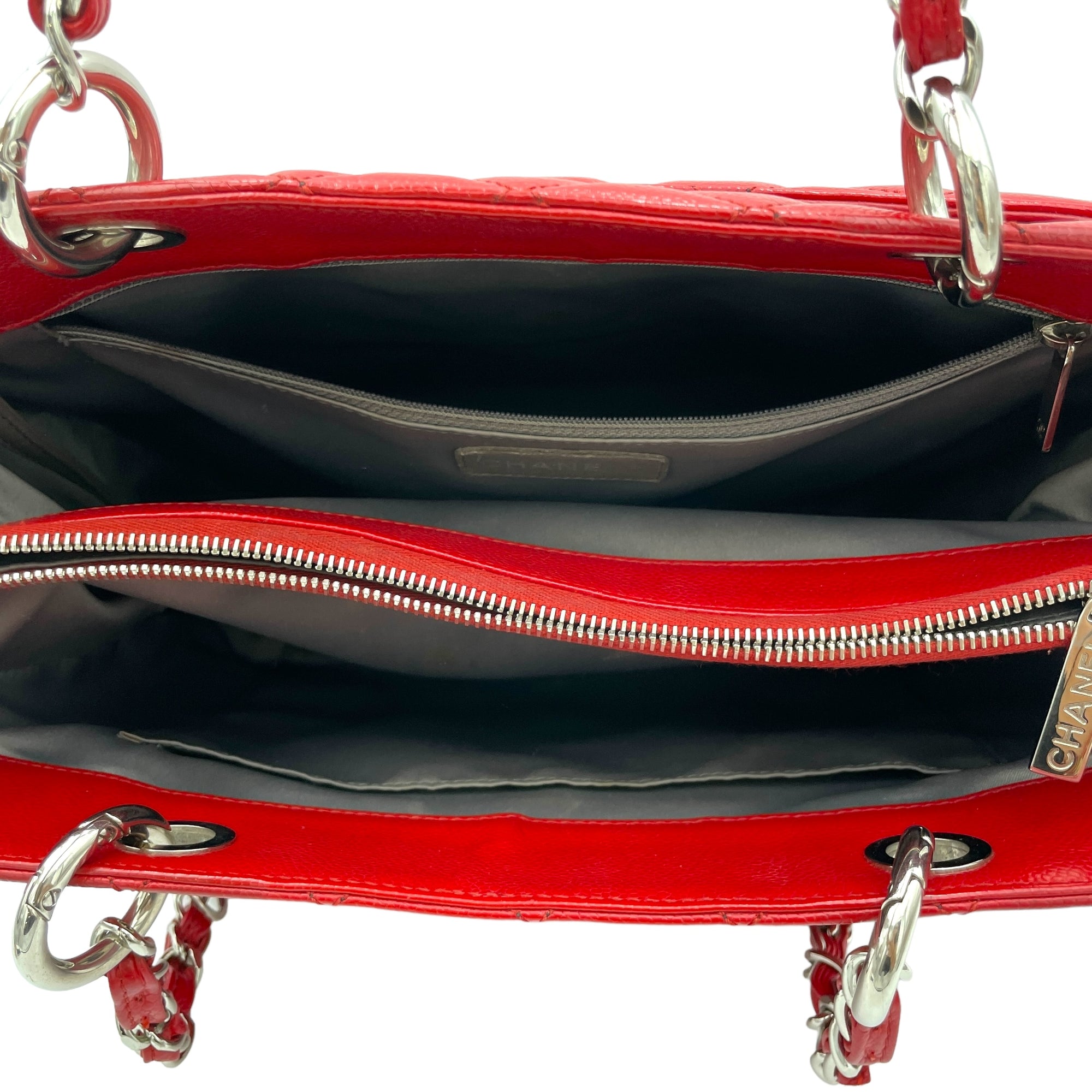 GST Red Tote Bag in Caviar Leather, Sliver hardware