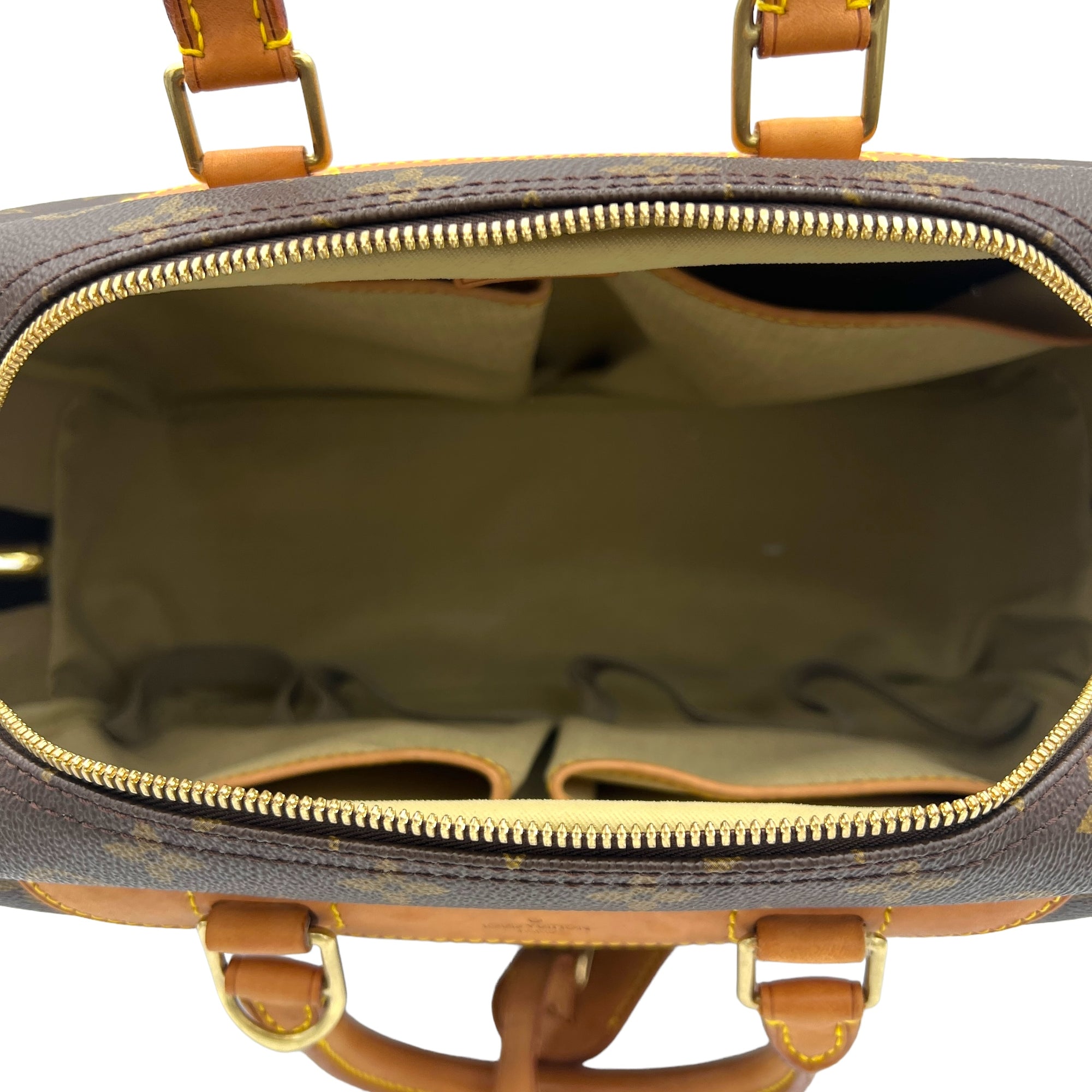 Deauville MM Brown Top Handle Bag in Monogram Coated Canvas, Gold hardware