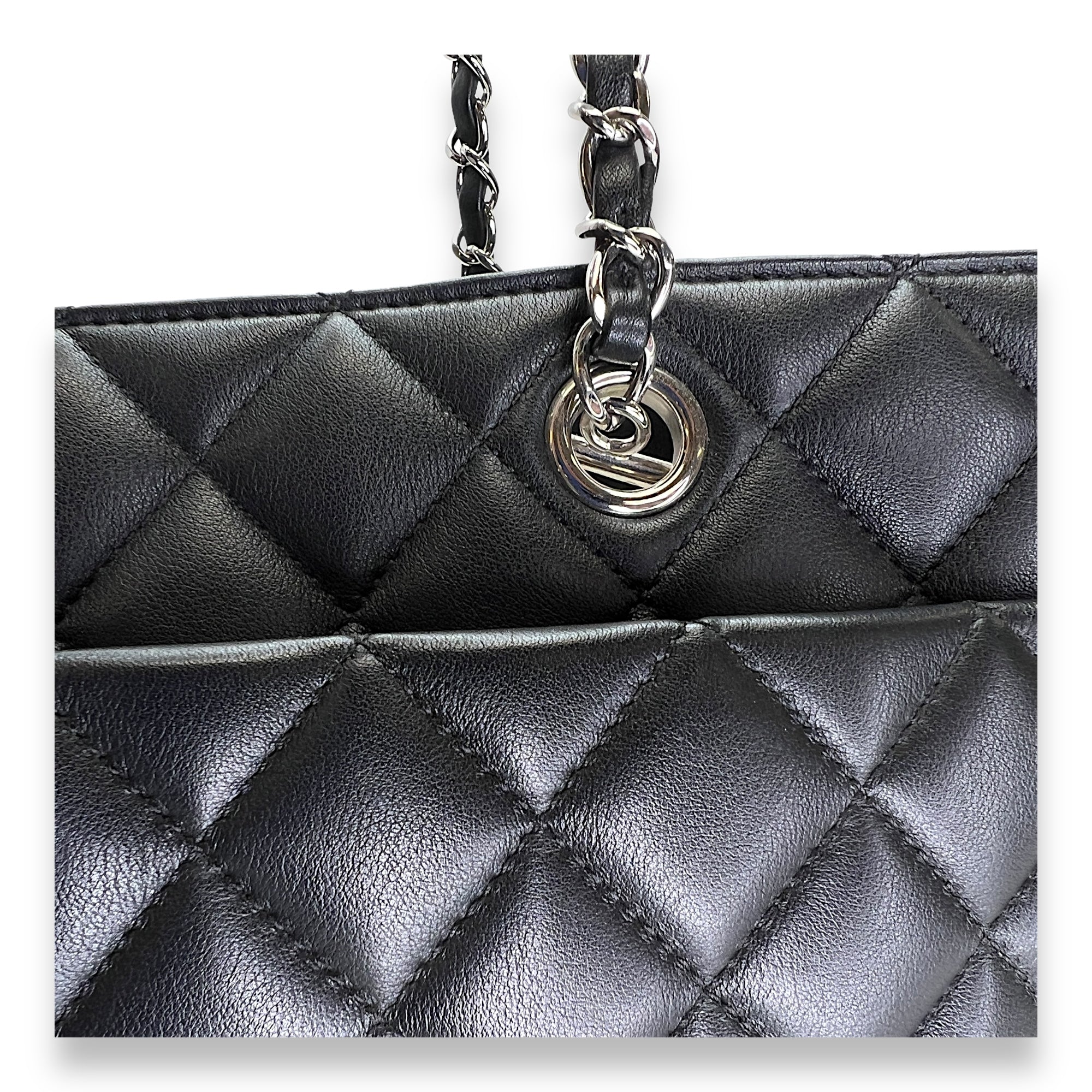 Quilted Black Tote Bag in Calfskin, Silver hardware