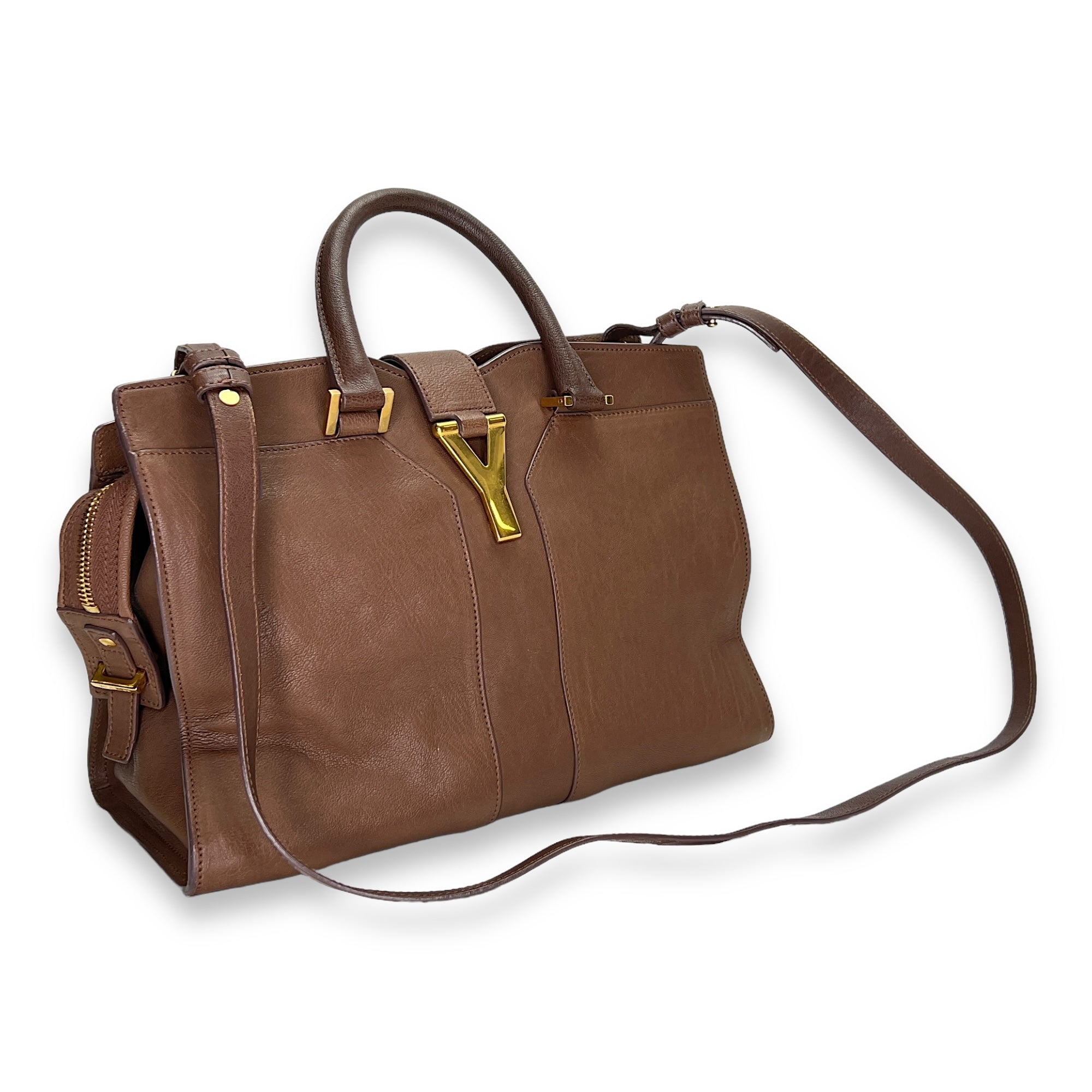 Cabas Chyc Ligne Small Brown Top Handle Bag in Calfskin, Gold hardware