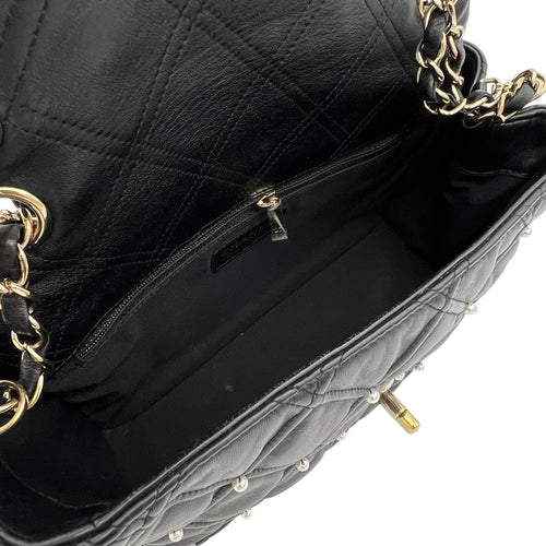 Pearl studded flap Medium Black Crossbody Bag in Calfskin, Gold hardware