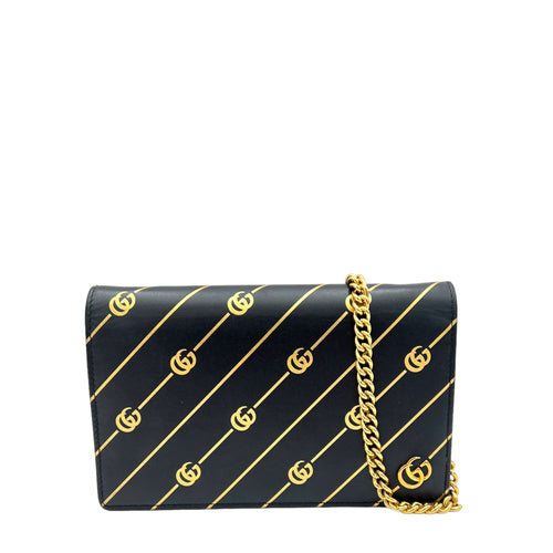 GG Black Wallet On Chain in Calfskin, Gold hardware