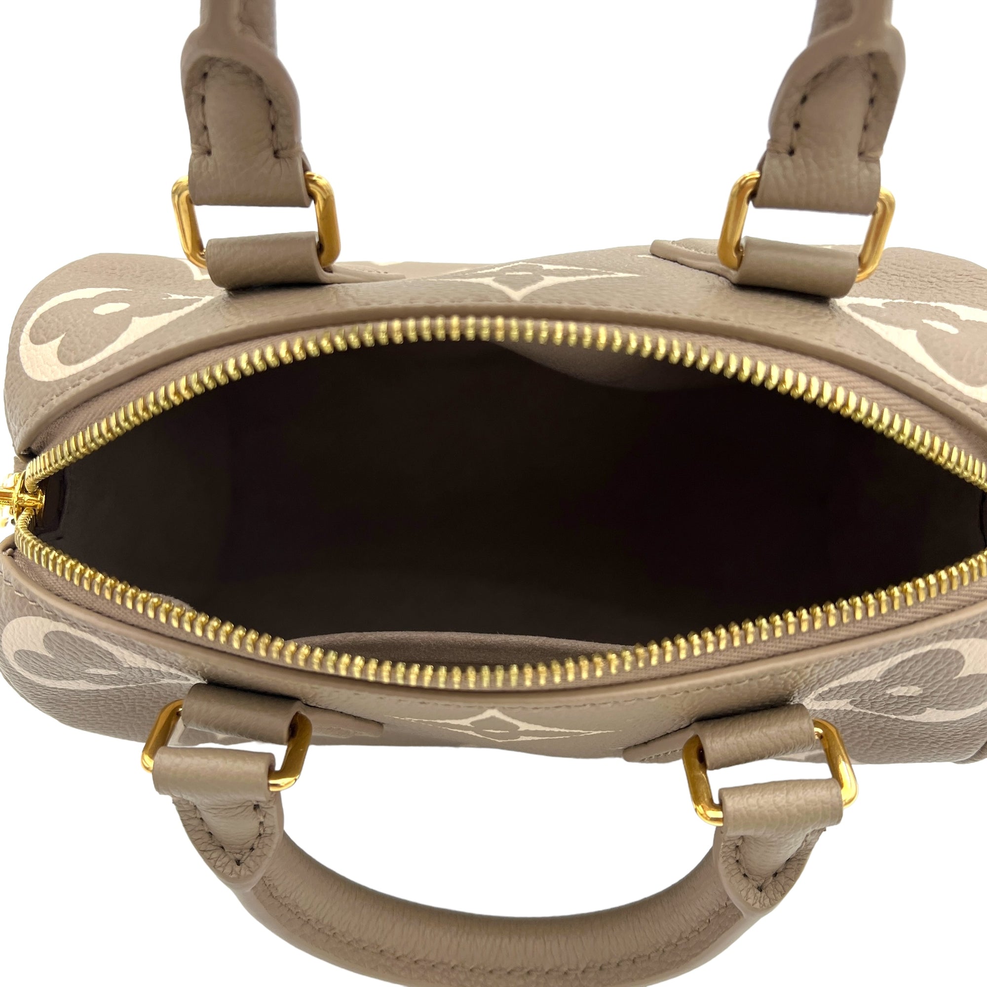 Speedy Bandouliere 20 Grey Top Handle Bag in Monogram Empreinte Leather, Gold hardware