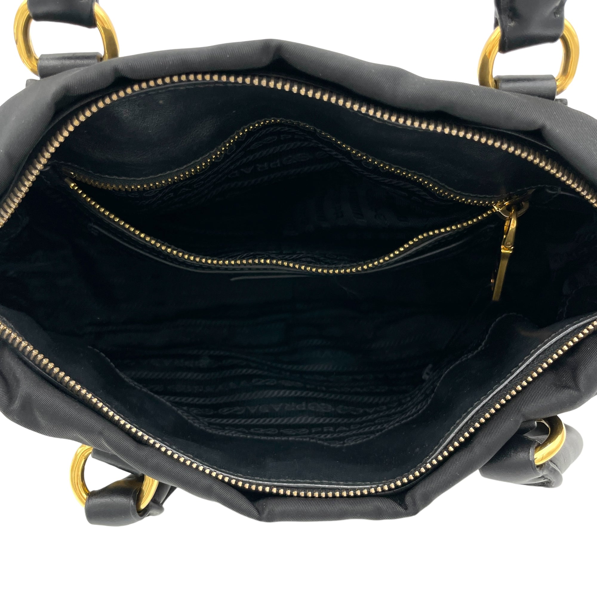 Two-Way Black Top Handle Bag in Nylon, Gold hardware