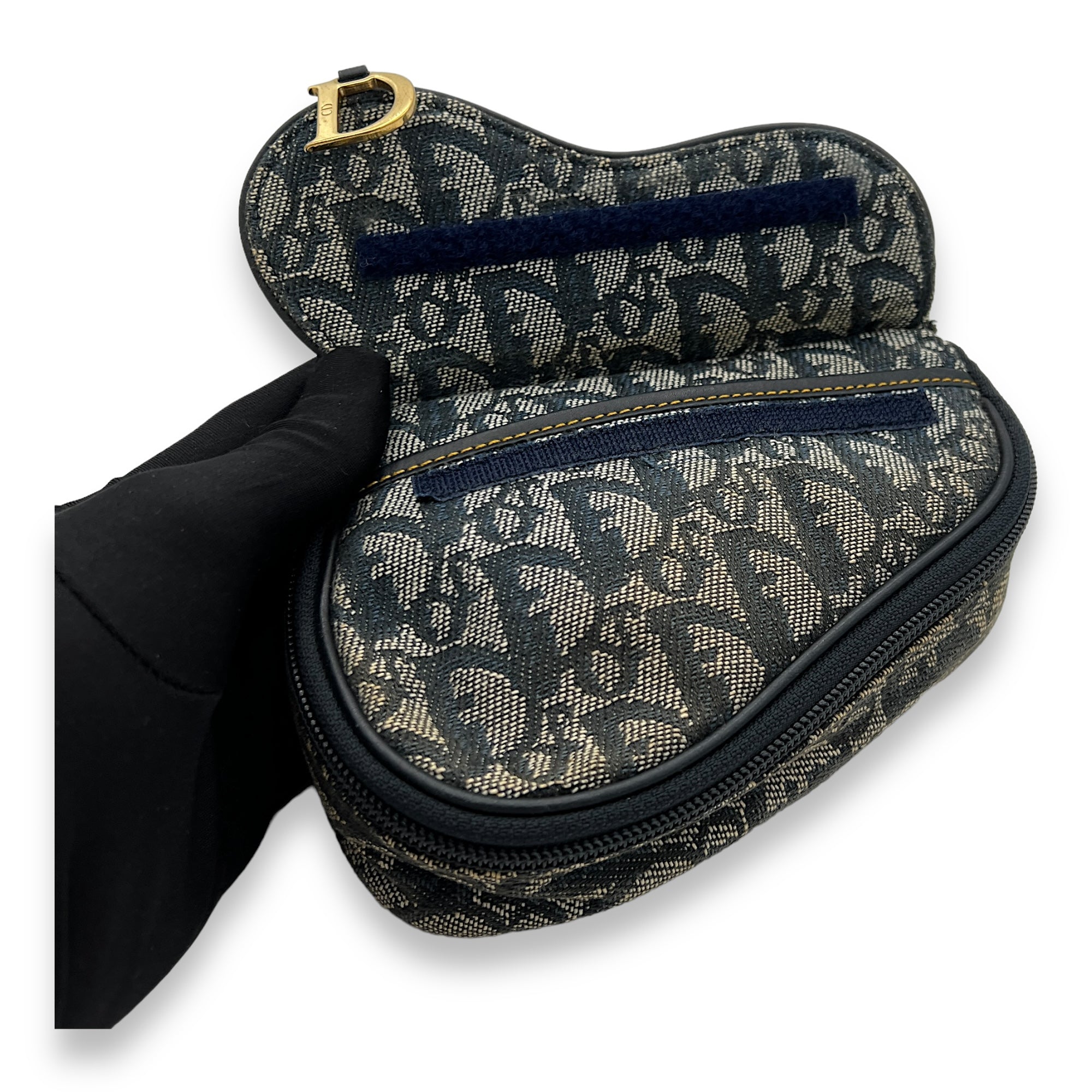 Christian Dior Saddle Pouch Blue in Jacquard, Gold hardware Singapore