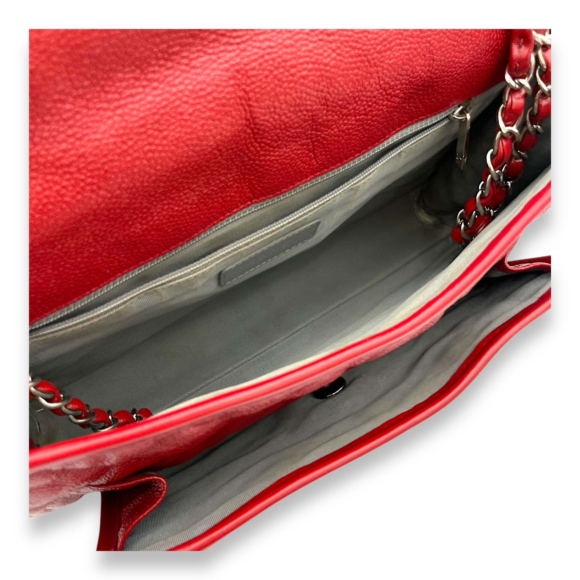 French Riviera Red Shoulder Bag in Caviar Leather, Silver hardware