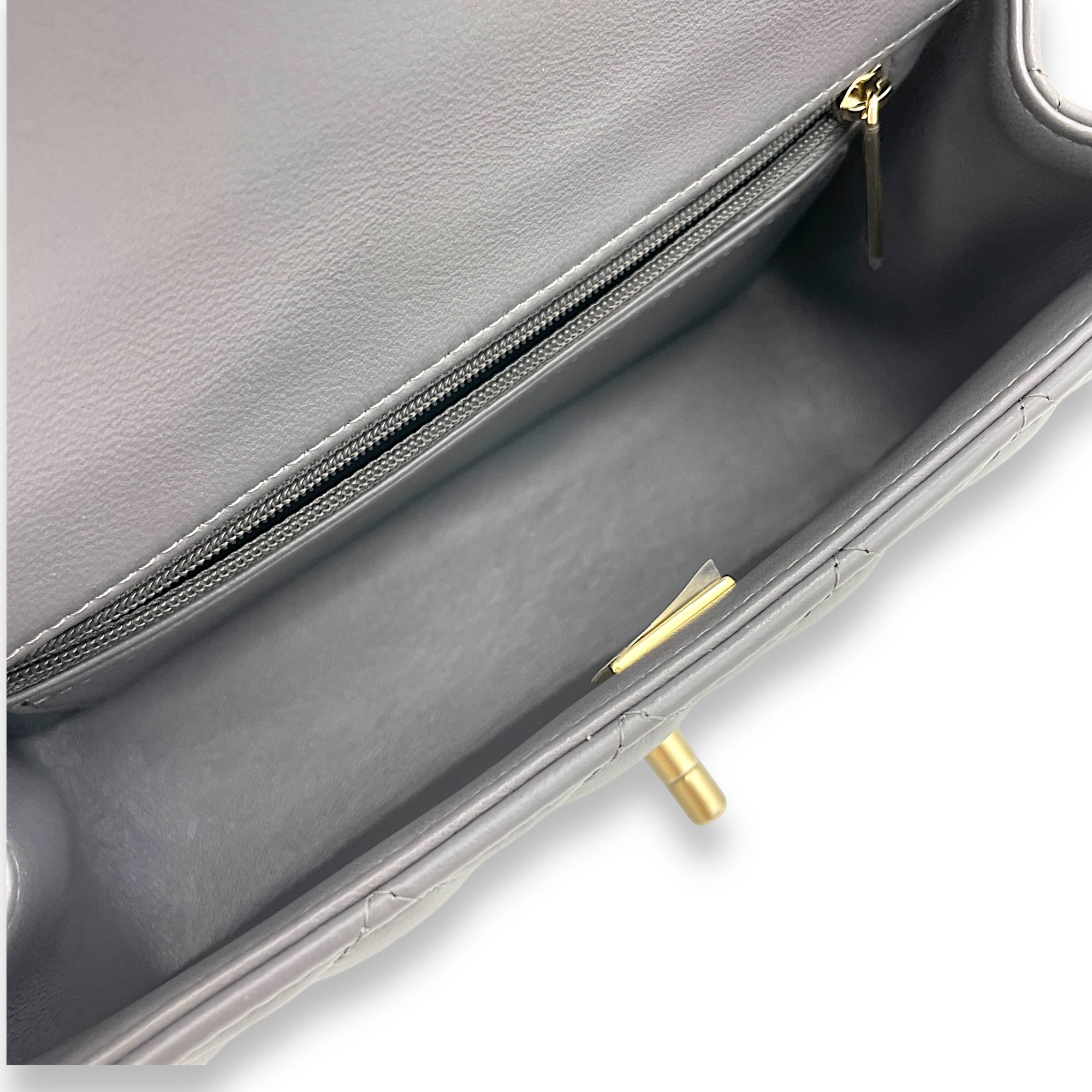 Classic Flap Rectangle Grey Top Handle Bag in Lambskin, Light Gold hardware