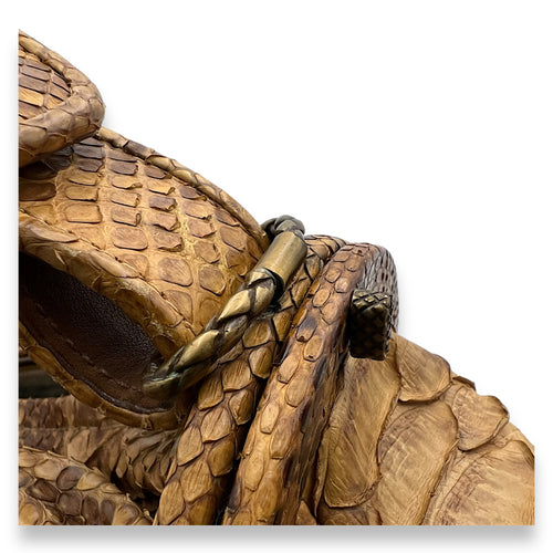 Duette Brown Shoulder Bag in Python Leather, Brushed Gold hardware