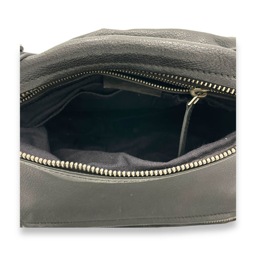 Pandora Small Black Shoulder Bag in Goat Leather, Silver hardware