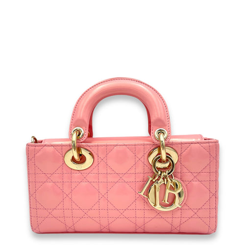 Lady D-Joy Small Pink Top Handle Bag in Patent Leather, Gold hardware