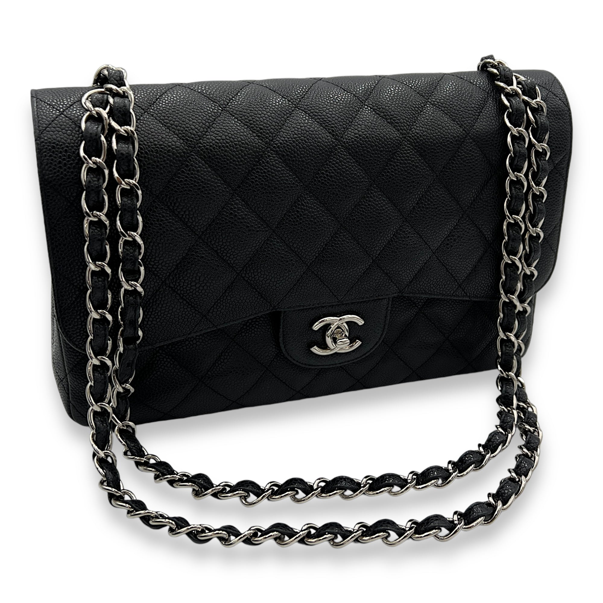 Classic Double Jumbo Black Shoulder Bag in Caviar Leather, Silver hardware