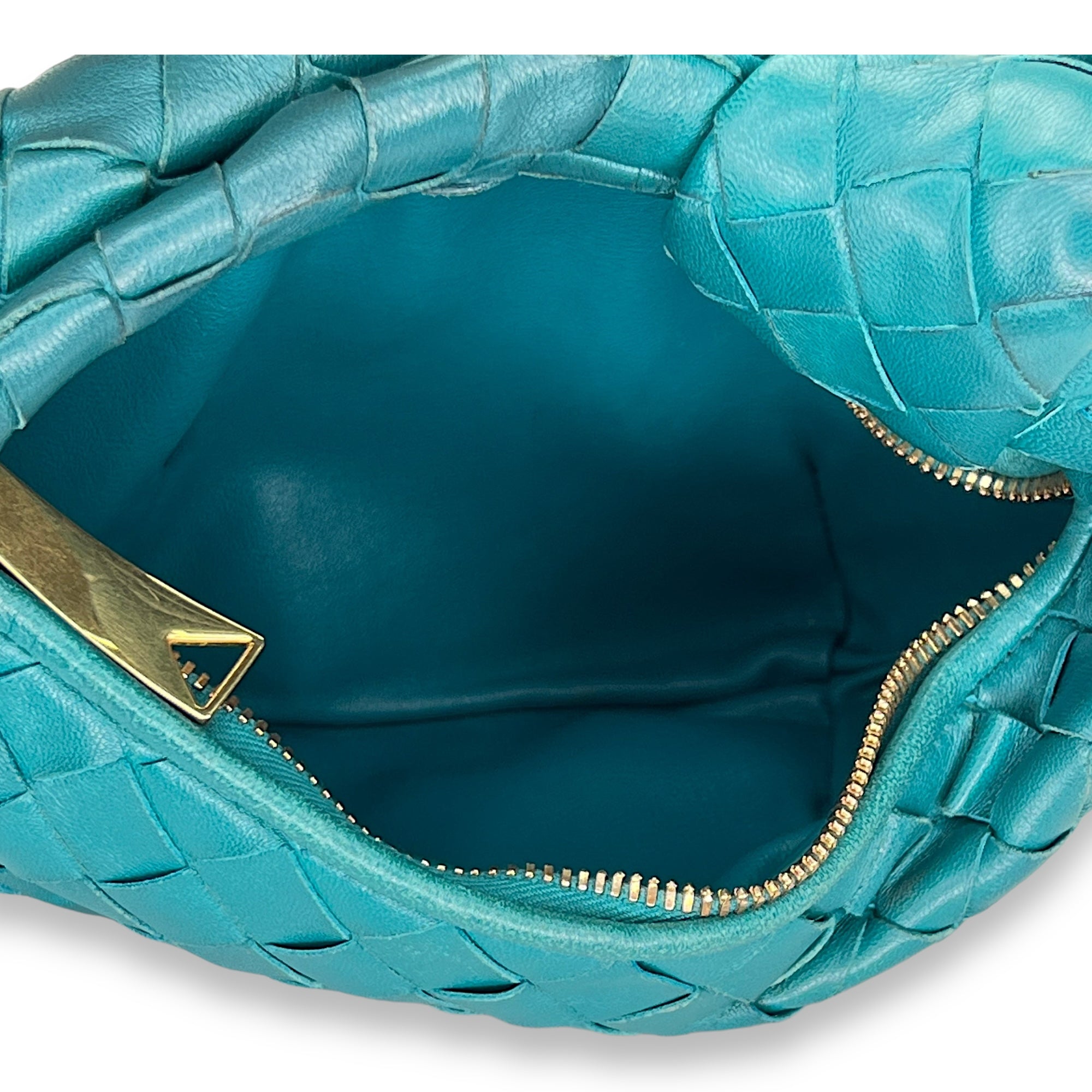 Jodie Mini Blue Shoulder Bag in Intrecciato Leather, Gold hardware