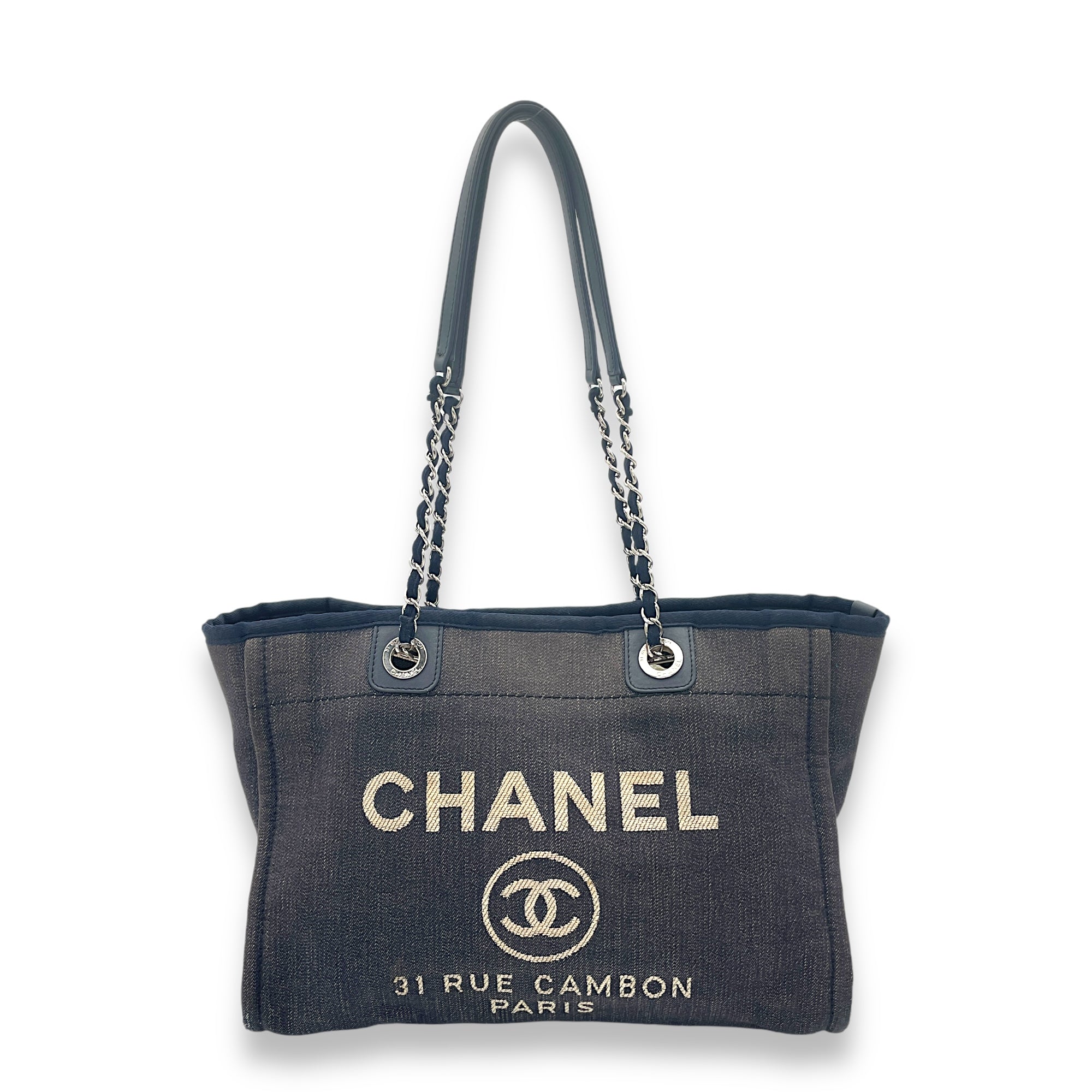 Deauville Blue Top Handle Bag in Denim, Silver hardware