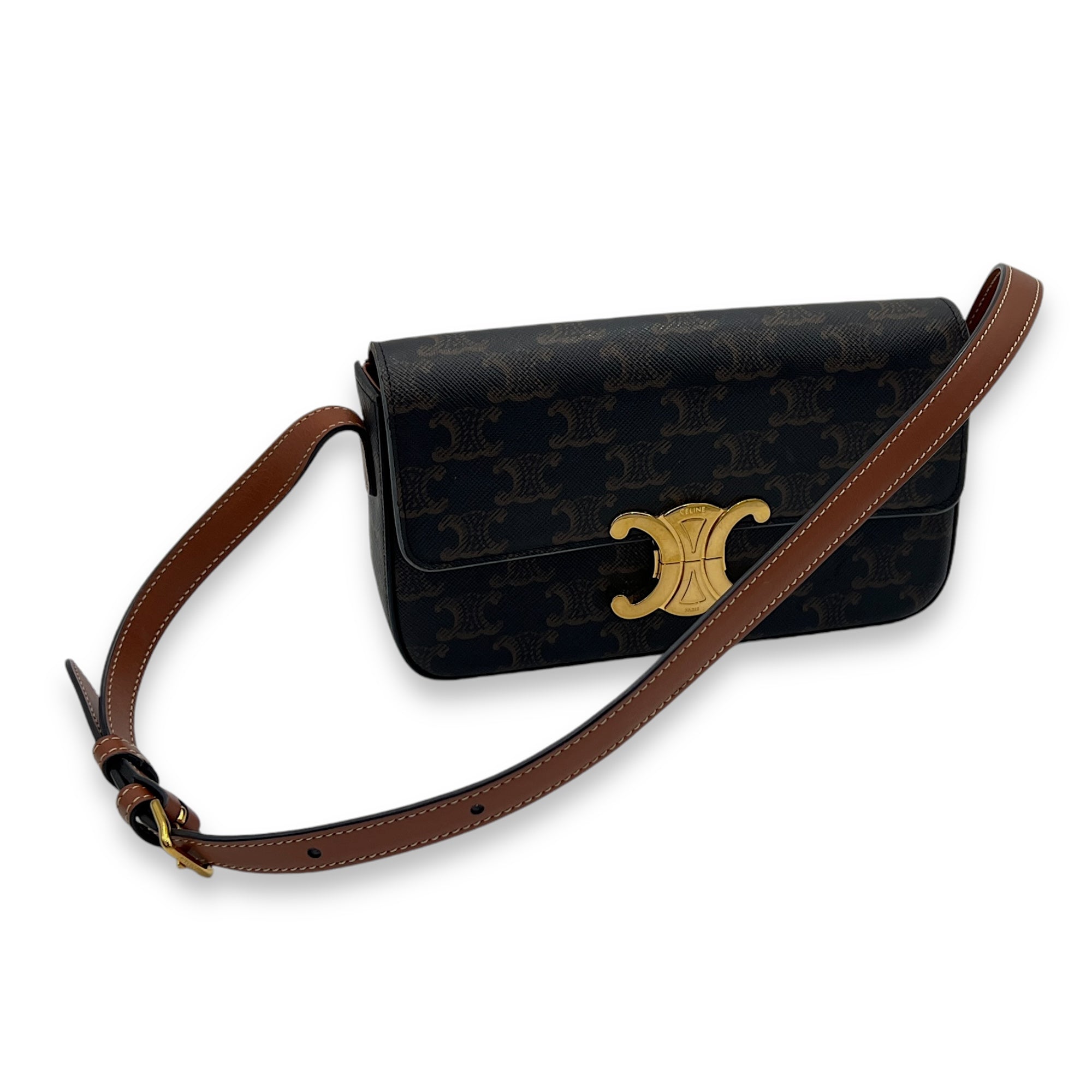 Triomphe Shoulder Bag Brown in Coated Canvas, Gold hardware