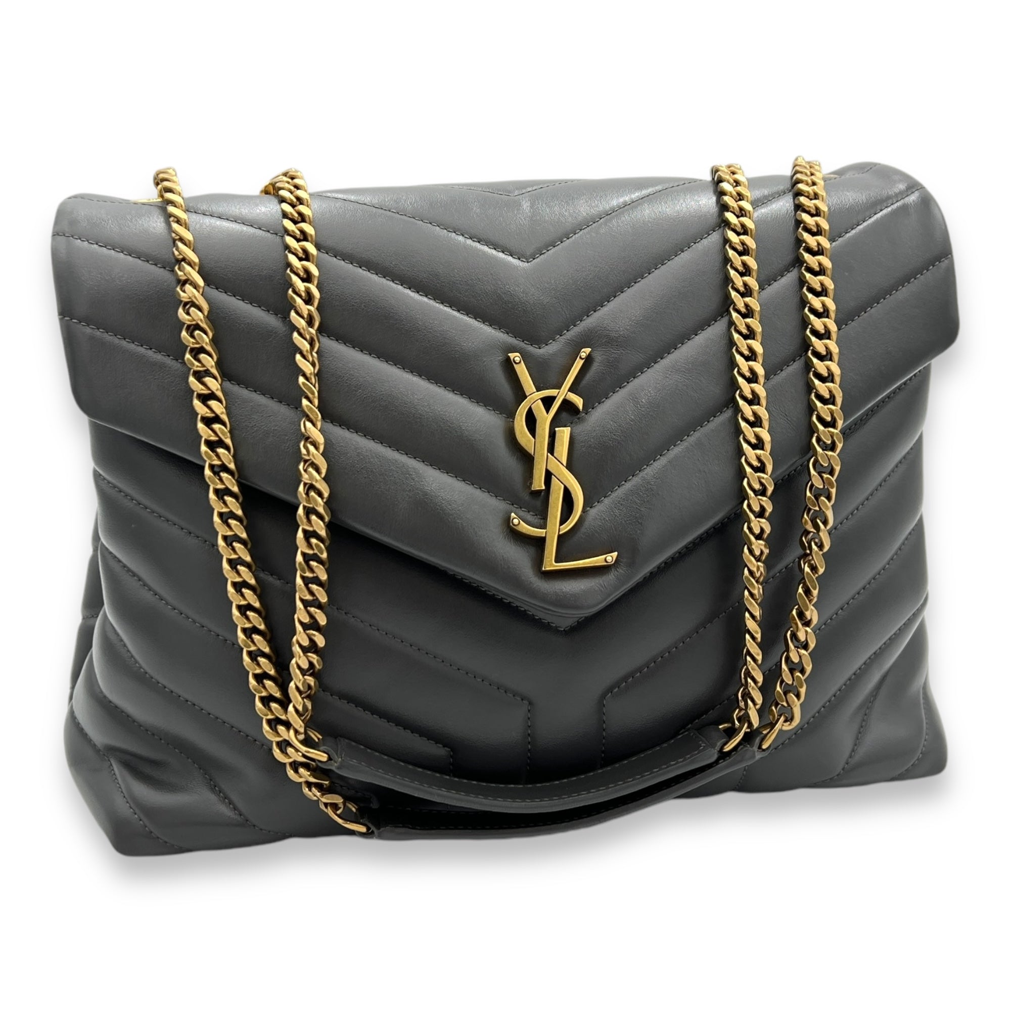 Loulou Medium Grey Shoulder Bag in Calfskin, Gold hardware