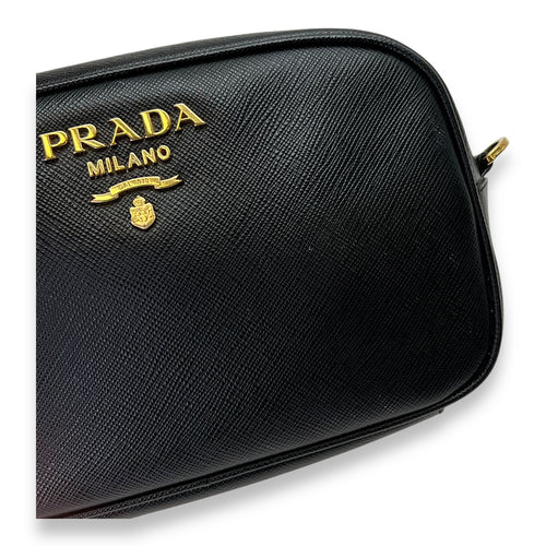 Camera Black Crossbody Bag in Saffiano Leather, Gold hardware