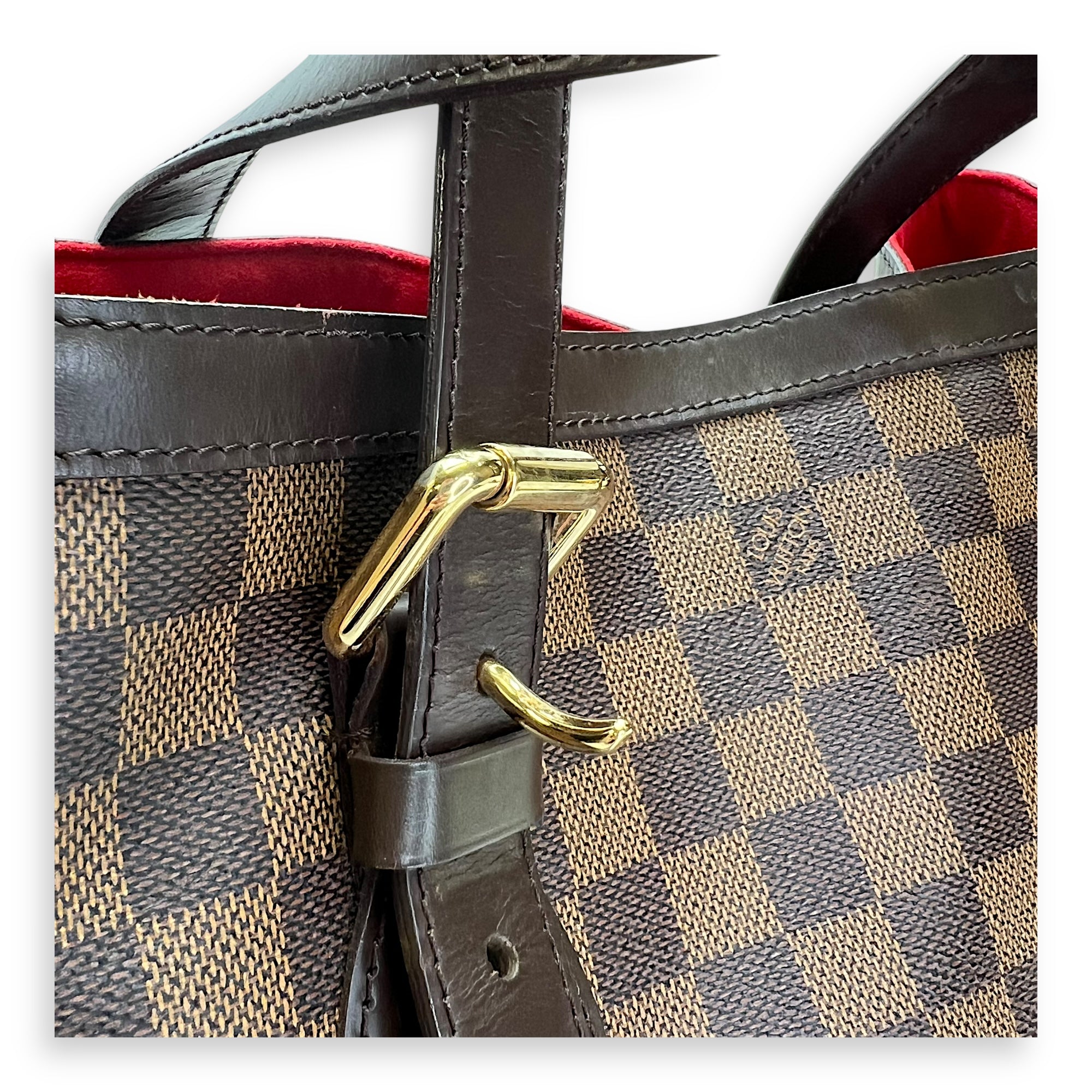 Hampstead MM Damier Ebene Top Handle Bag in Coated Canvas, Gold hardware