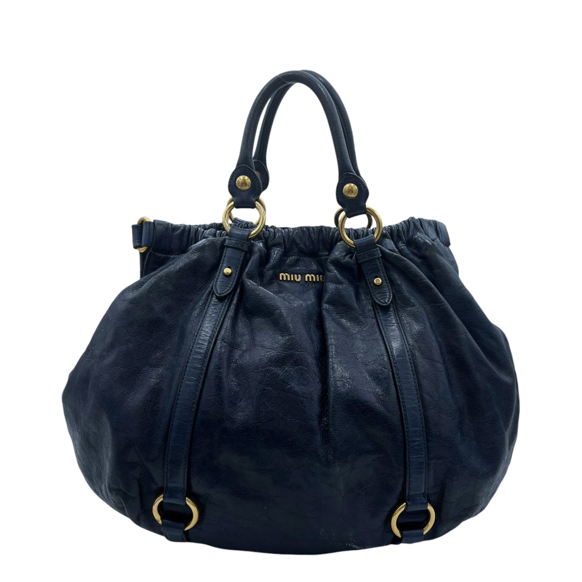 Vitello Lux Blue Top Handle Bag in Distressed Leather, Gold hardware