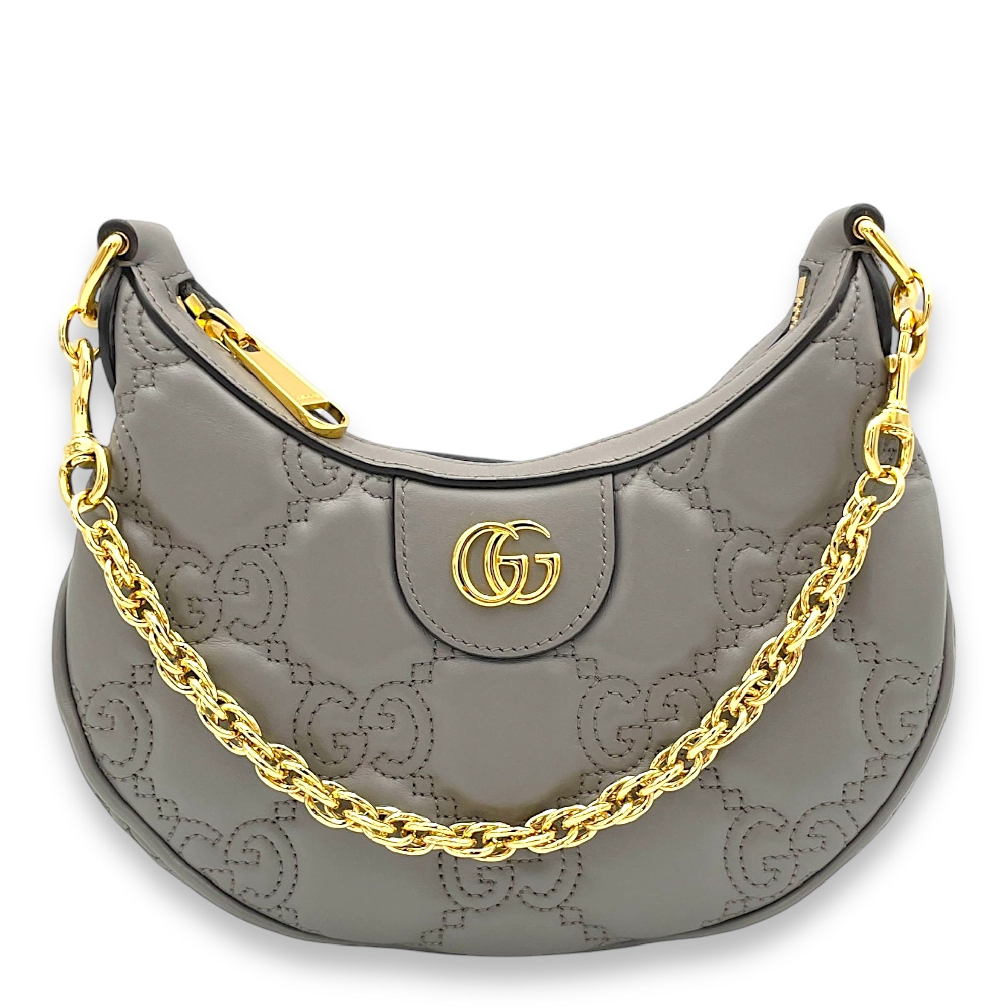 Matelassé Shoulder Bag  Grey in Calfskin , Gold Hardware