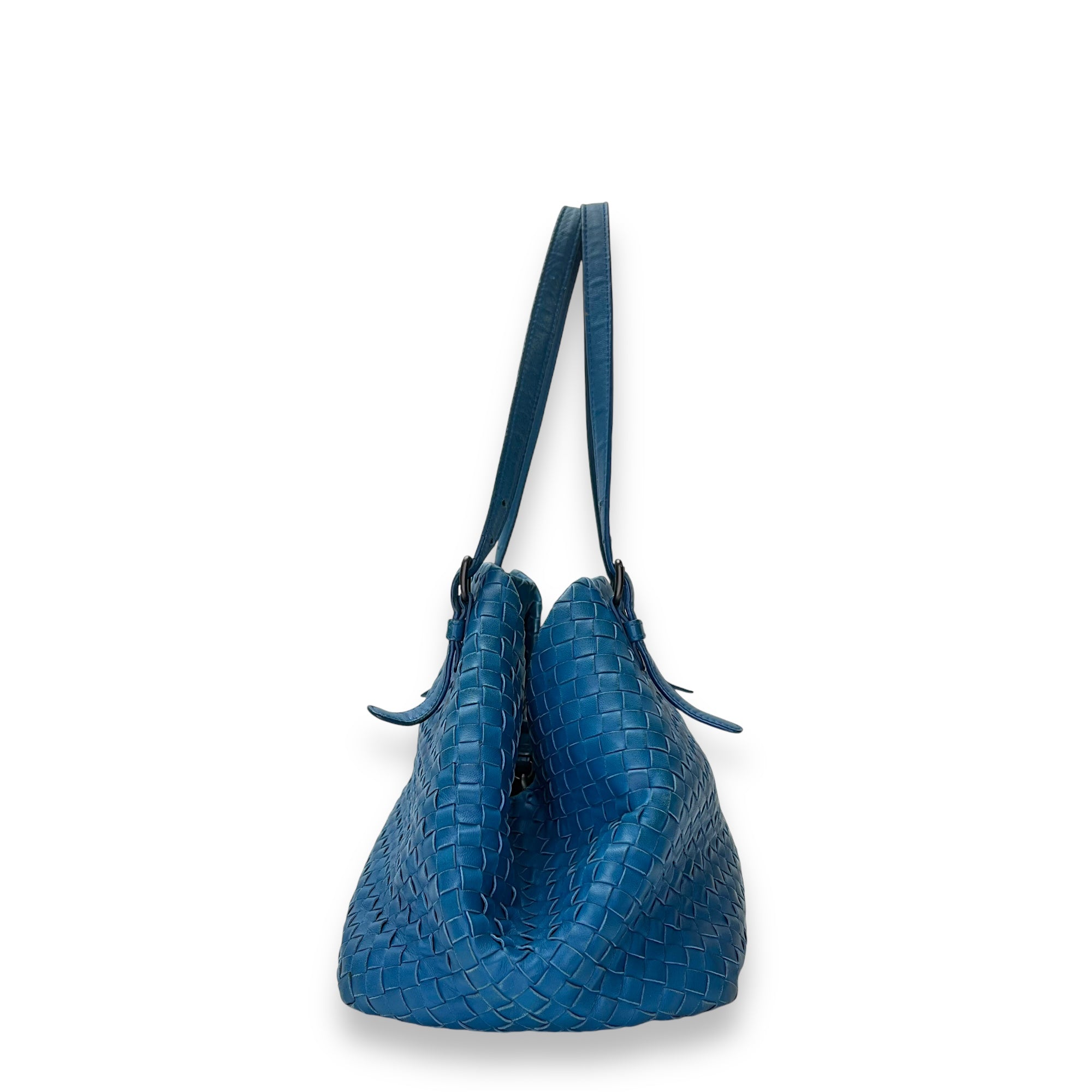 Intrecciato Blue Tote Bag in Lambskin, Ruthenium hardware