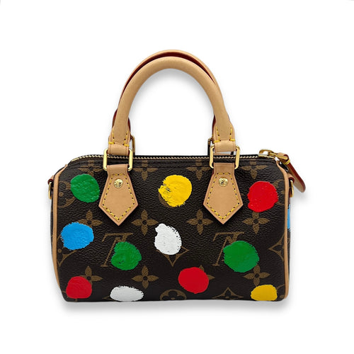 Speedy Bandouliere X Yayoi Kusama Nano Brown Top Handle Bag in Monogram Coated Canvas, Gold hardware