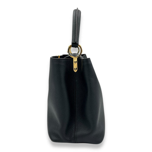 Capucines Medium Black Top Handle Bag in Calfskin, Gold hardware