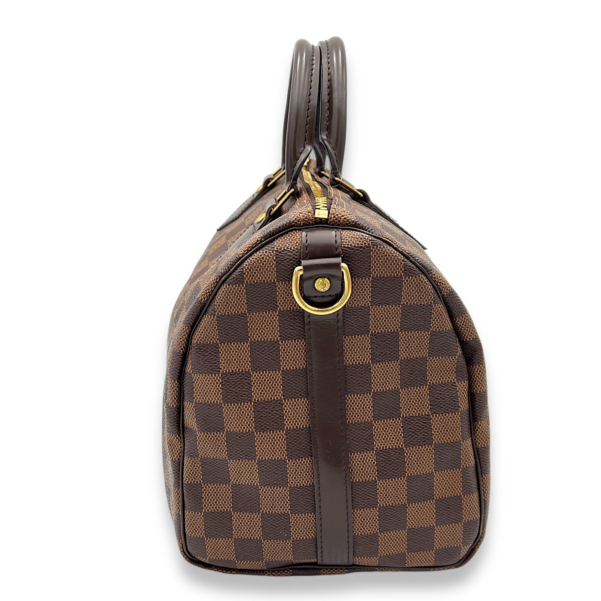 Speedy 30 Damier Ebene Top Handle Bag in Coated Canvas, Gold hardware