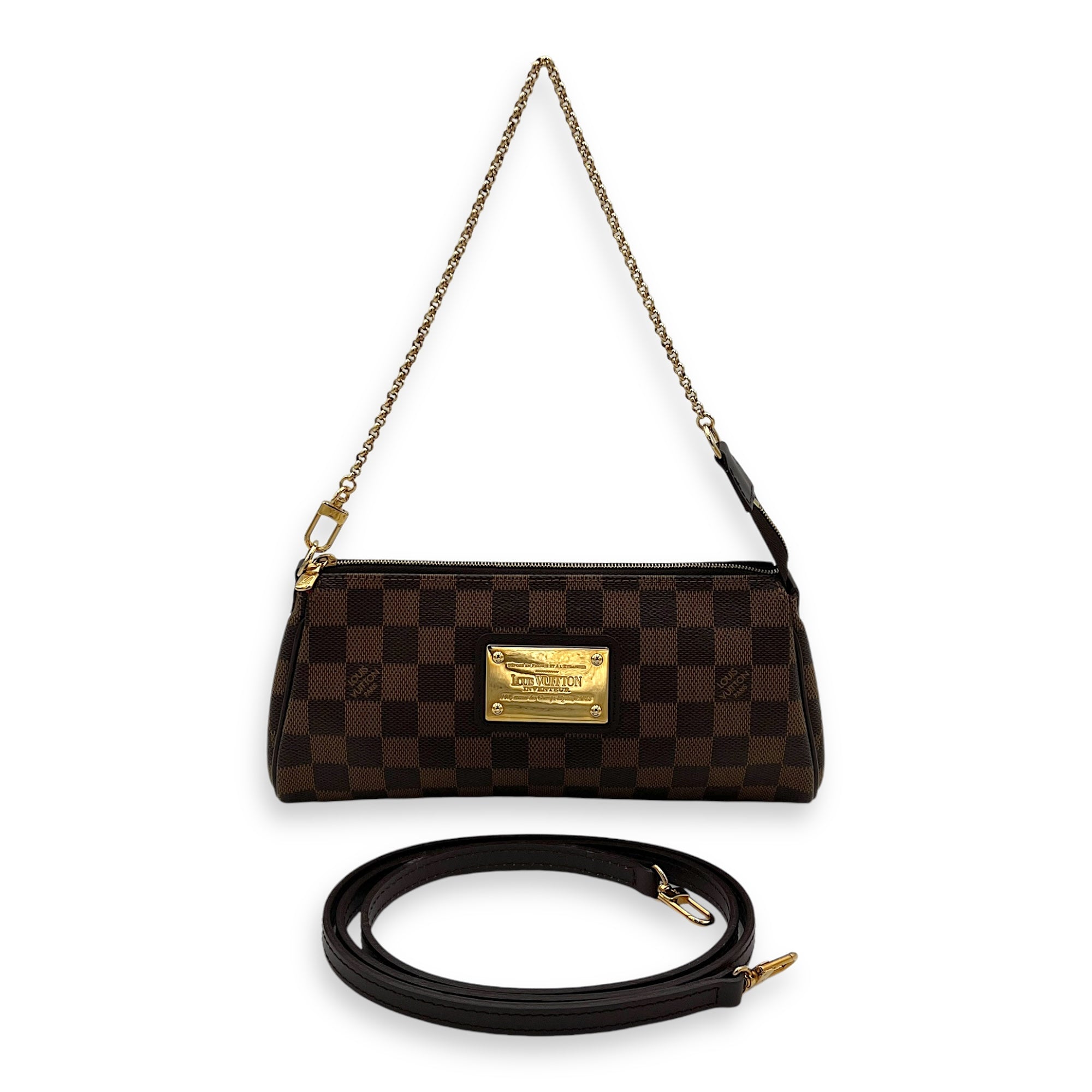 Eva Crossbody Bag Damier Ebene in Coated Canvas, Gold hardware