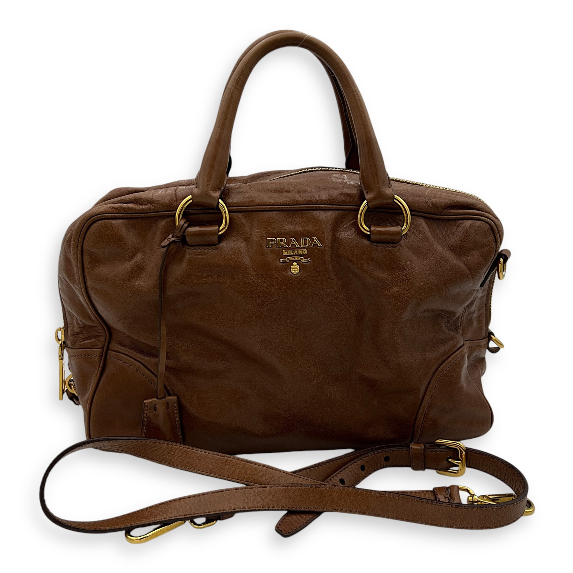 Boston Top Handle Bag Brown in Calfskin, Gold hardware