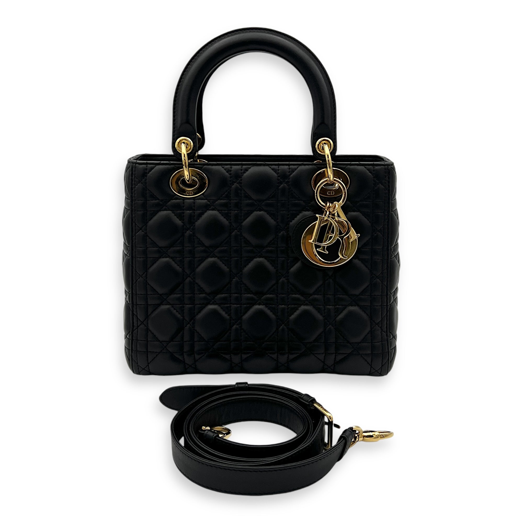 Lady Dior Medium Black Top Handle Bag in Lambskin, Gold hardware