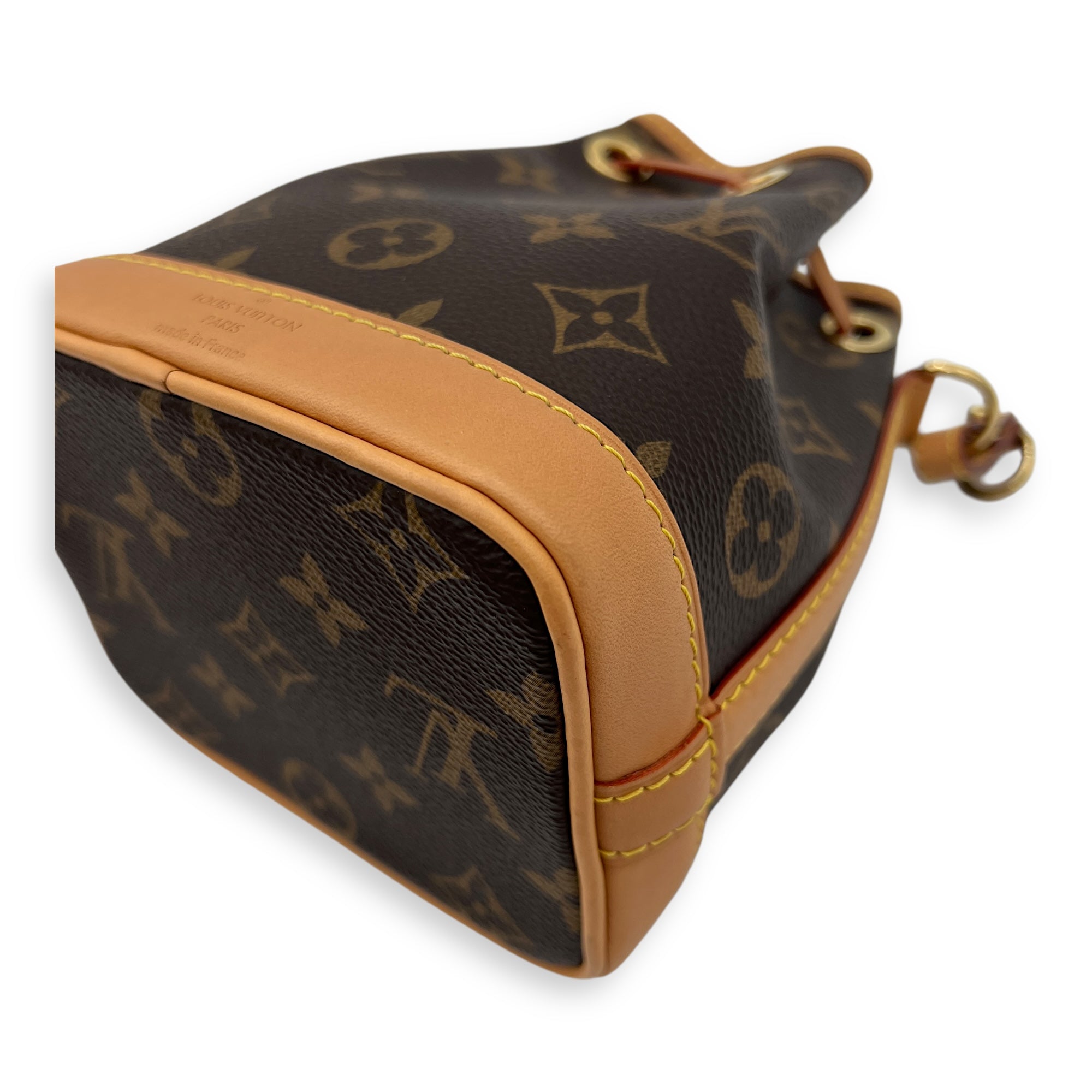 Noe Nano Brown Bucket Bag in Monogram Coated Canvas, Gold hardware