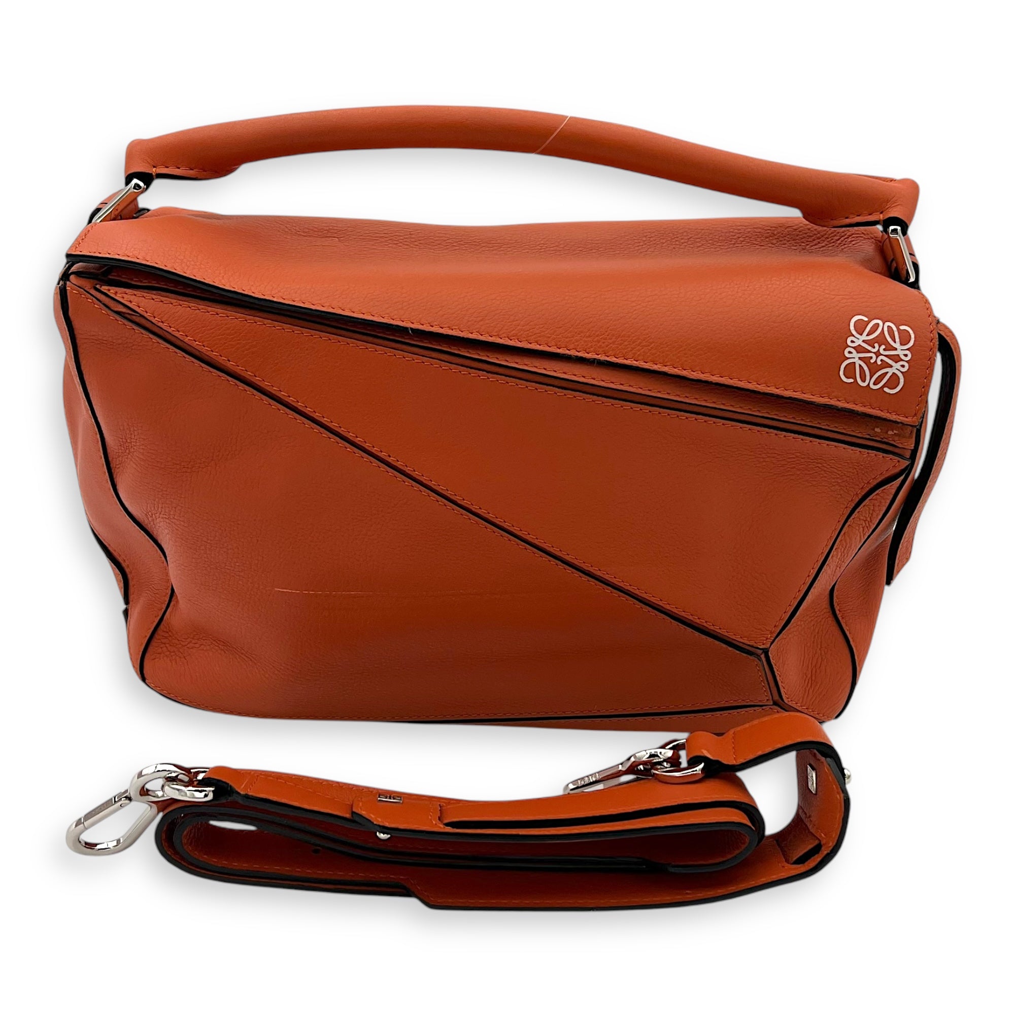 Puzzle Medium Orange Top Handle Bag in Calfskin, Silver hardware