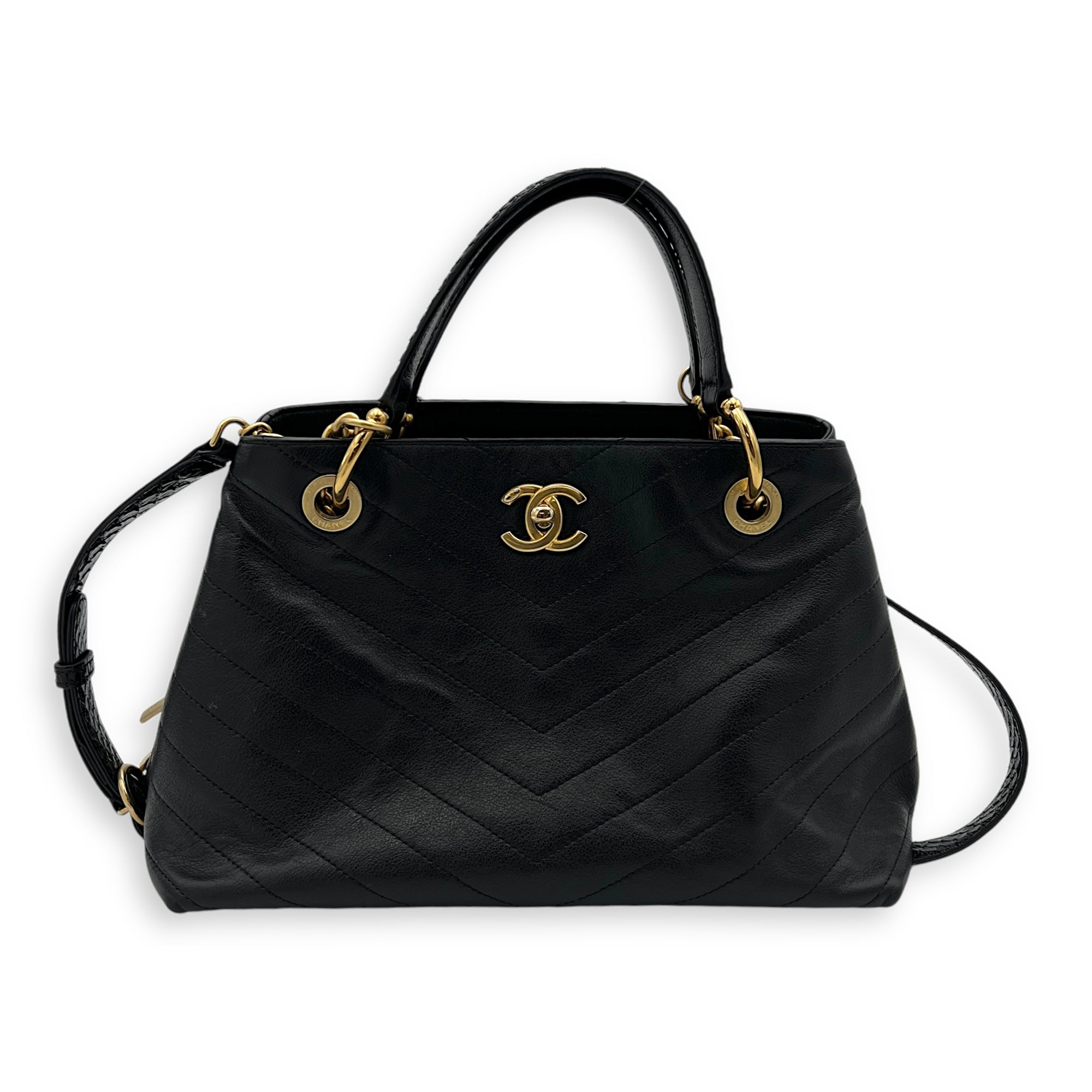 V Stitch Top Handle Bag Black in Calfskin, Gold hardware