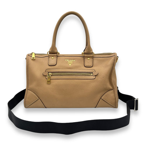 Logo Top Handle Bag Brown in Calfskin, Gold hardware