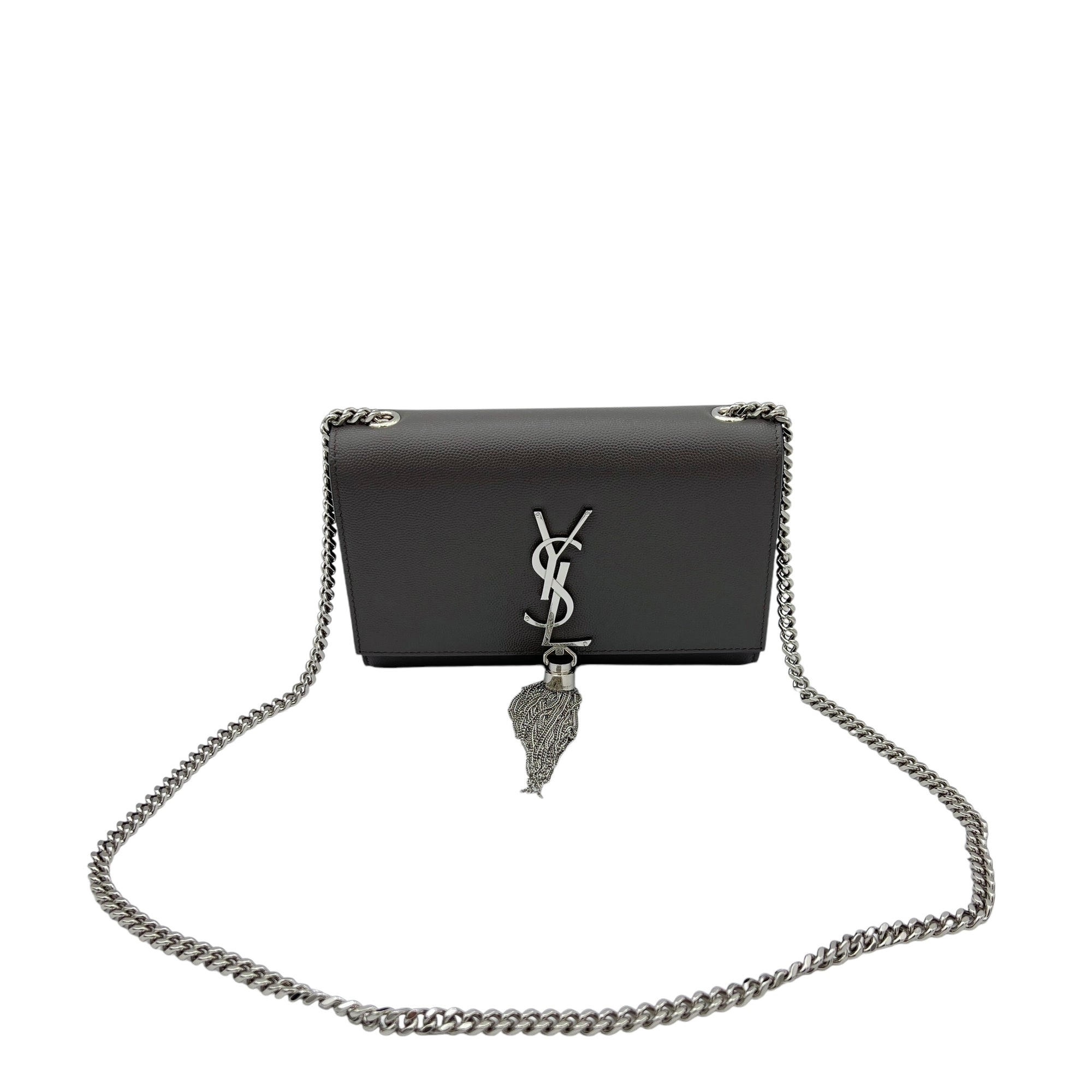 Saint Laurent Kate Small Grey Crossbody Bag in Caviar Leather, Silver hardware_11